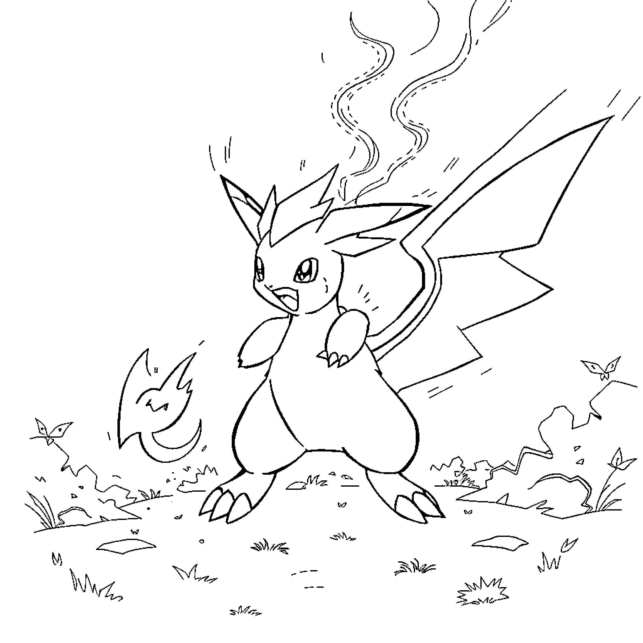 Pokémon Elemental Creature in Lush Outdoor Scene Coloring Page (free black-and-white line drawing printable PDF for all, from beginners to advanced learners, including children, teens, adults, and seniors)