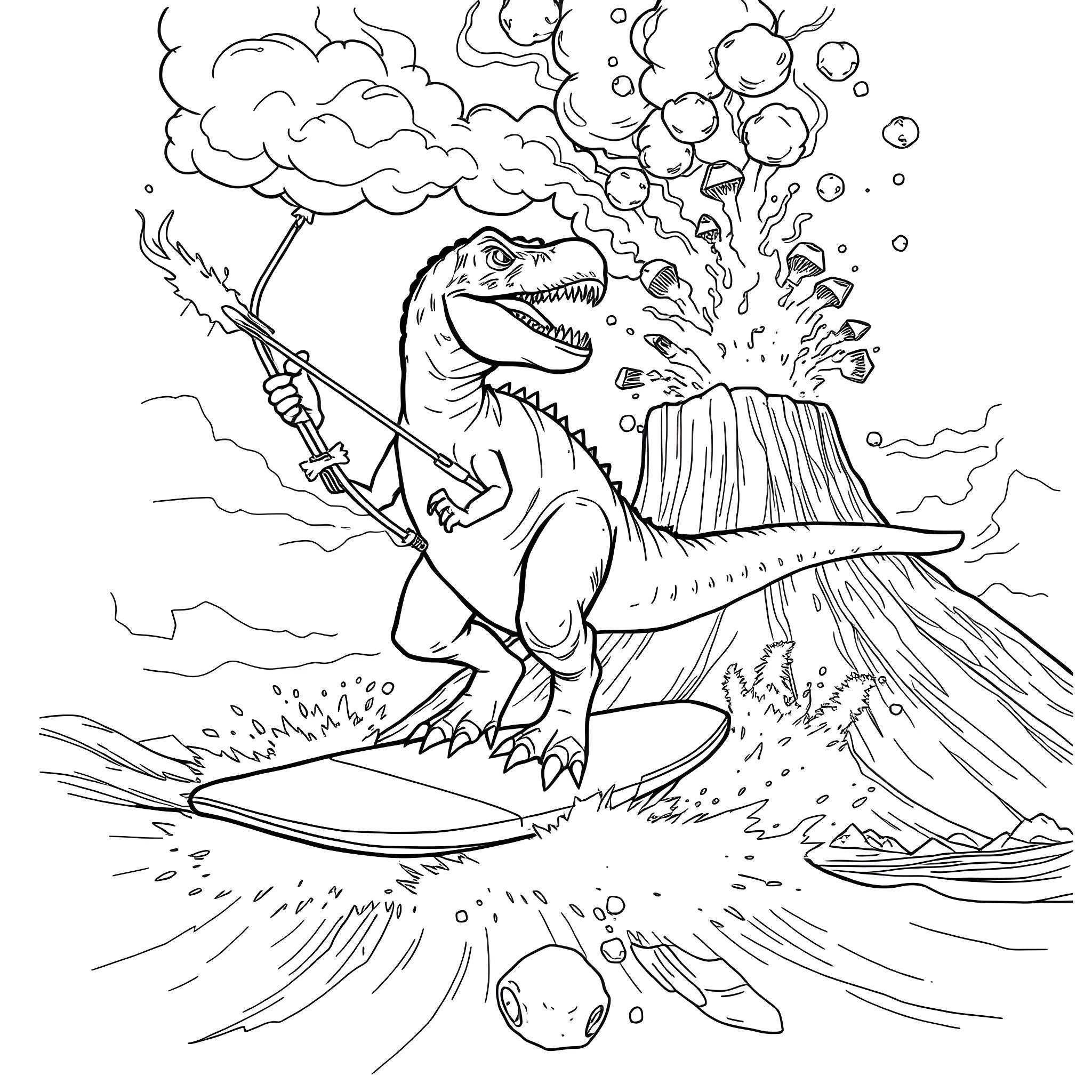Dinosaur erupting from volcano and destroying landscape Coloring Page (free black-and-white line drawing printable PDF for all, from beginners to advanced learners, including children, teens, adults, and seniors)