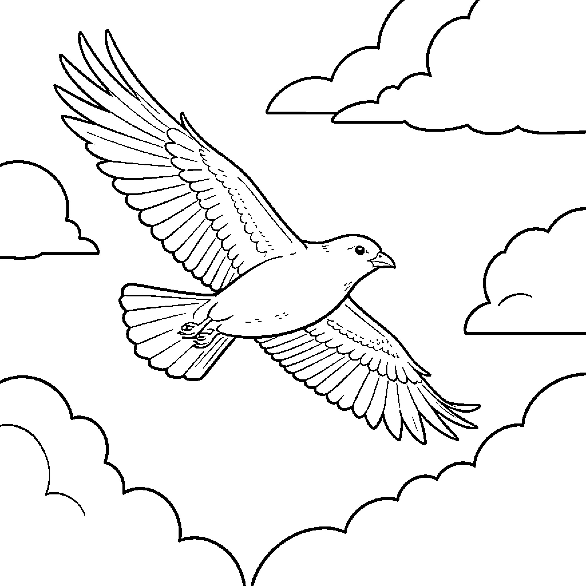 Sky view of a bird flying through clouds Coloring Page (free black-and-white line drawing printable PDF for all, from beginners to advanced learners, including children, teens, adults, and seniors)