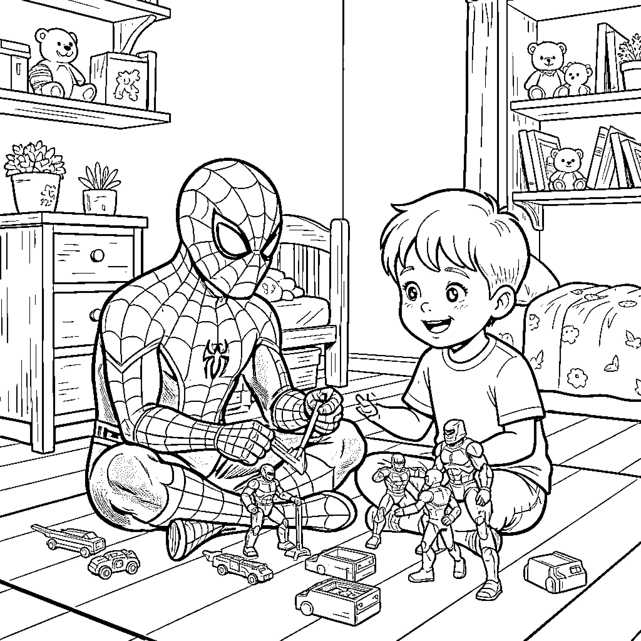 Spiderman playing with a young boy and toy figures Coloring Page (free black-and-white line drawing printable PDF for all, from beginners to advanced learners, including children, teens, adults, and seniors)