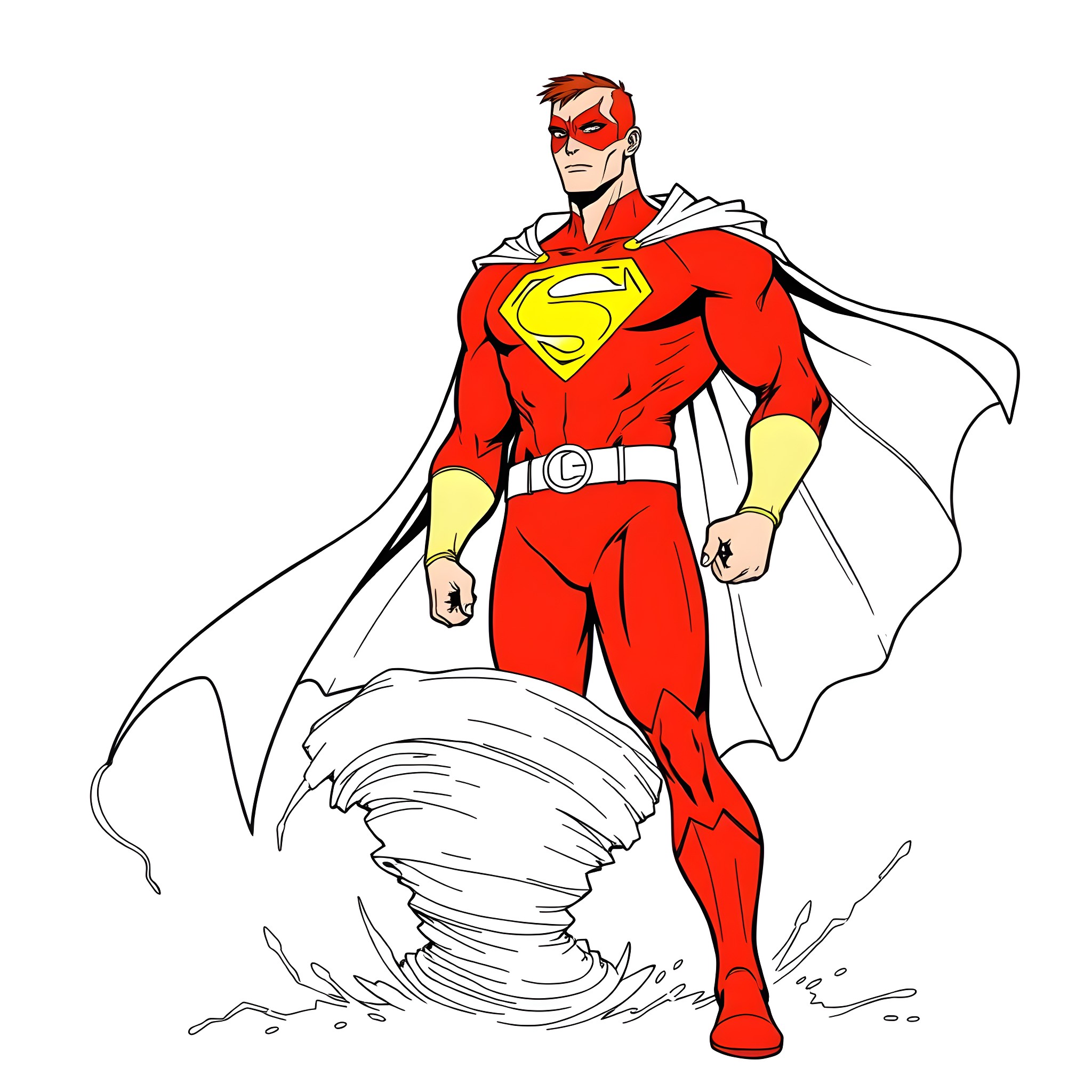Red Tornado superhero in action pose Coloring Page (free black-and-white line drawing printable PDF for all, from beginners to advanced learners, including children, teens, adults, and seniors)