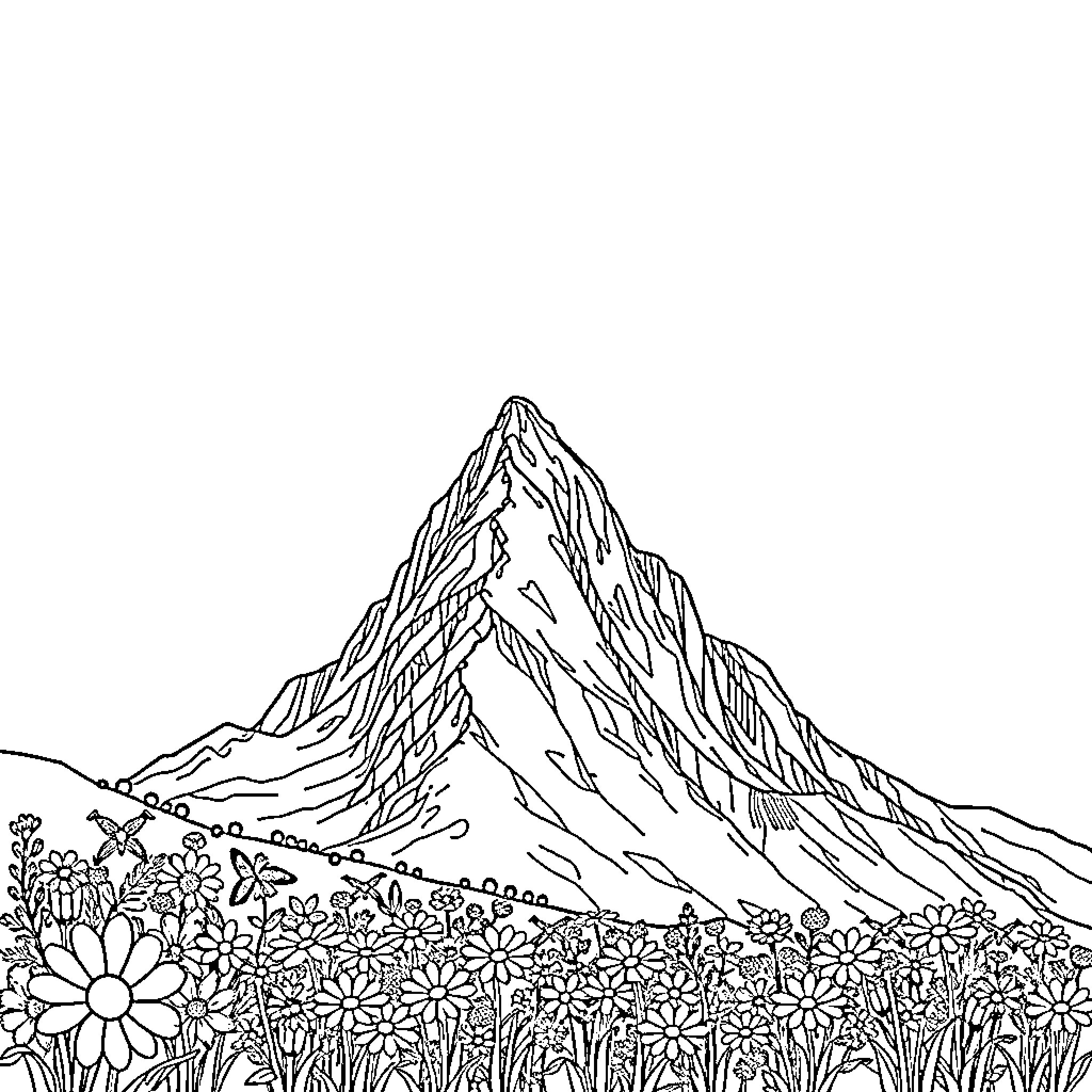 Mountain landscape with wildflowers in foreground Coloring Page (free black-and-white line drawing printable PDF for all, from beginners to advanced learners, including children, teens, adults, and seniors)