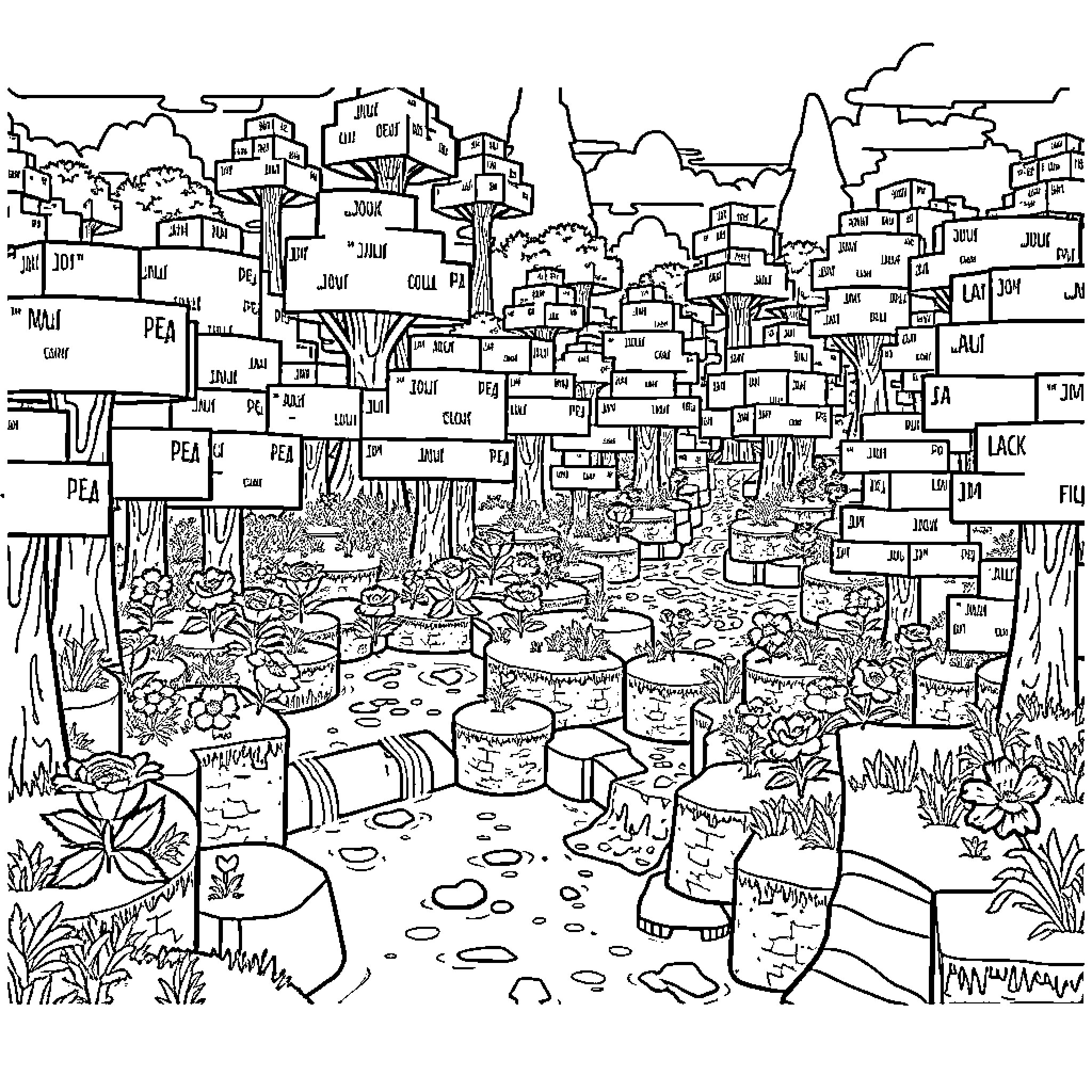 Minecraft Whimsical Woodland Scene with Varied Structures Coloring Page (free black-and-white line drawing printable PDF for all, from beginners to advanced learners, including children, teens, adults, and seniors)