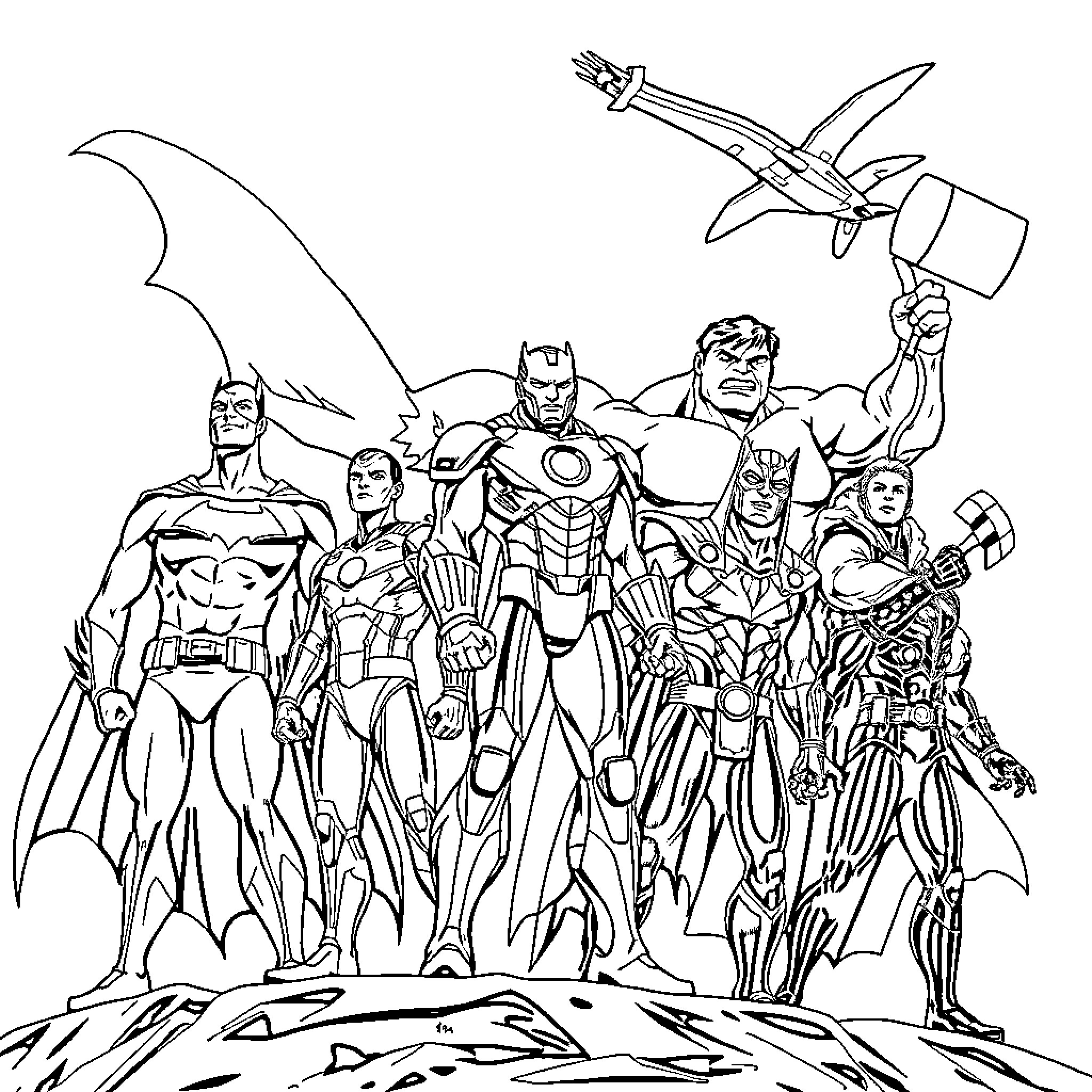Superhero Team Assembling for Epic Adventure Coloring Page (free black-and-white line drawing printable PDF for all, from beginners to advanced learners, including children, teens, adults, and seniors)