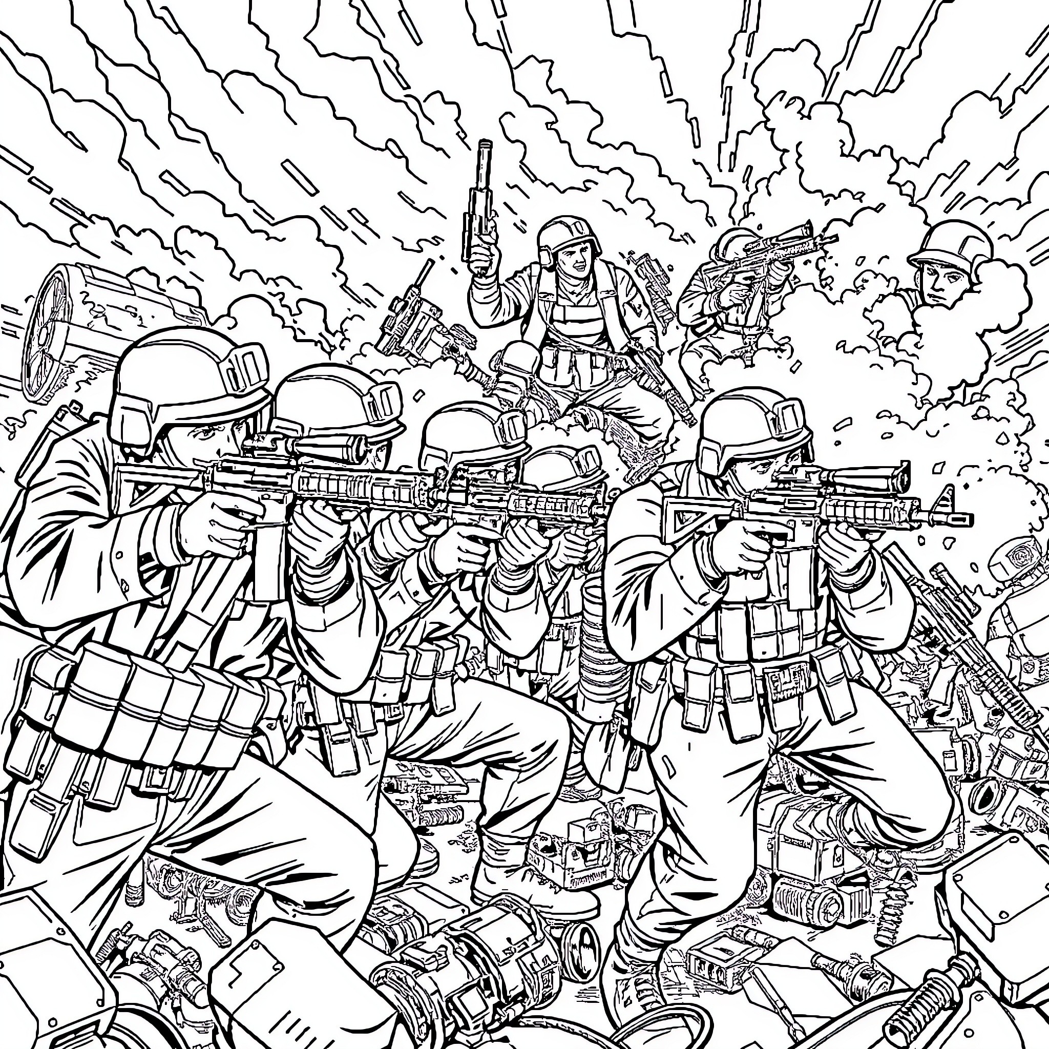 Soldier squadron engaged in intense combat operation Coloring Page (free black-and-white line drawing printable PDF for all, from beginners to advanced learners, including children, teens, adults, and seniors)