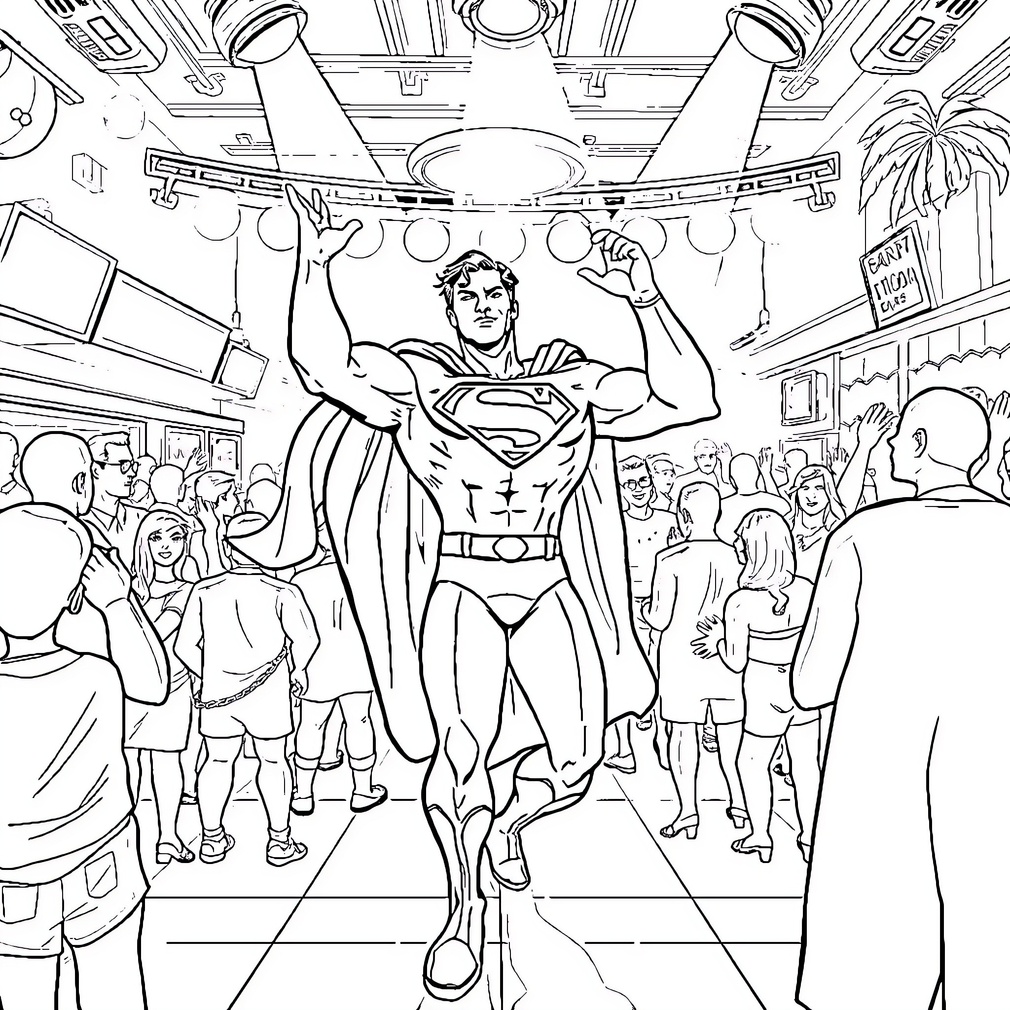Superman Saves the Day in Crowded Scene Coloring Page (free black-and-white line drawing printable PDF for all, from beginners to advanced learners, including children, teens, adults, and seniors)