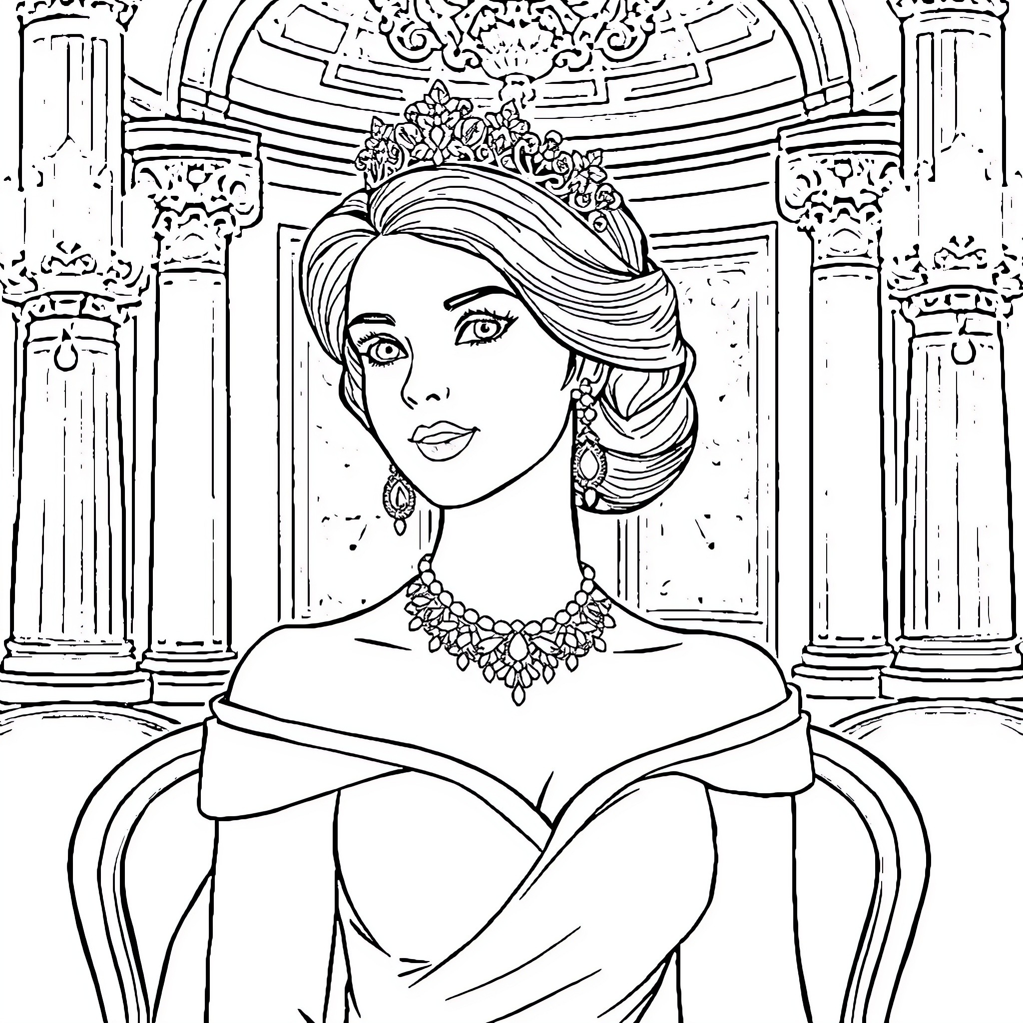 Princess in Elegant Attire within Ornate Palace Coloring Page (free black-and-white line drawing printable PDF for all, from beginners to advanced learners, including children, teens, adults, and seniors)