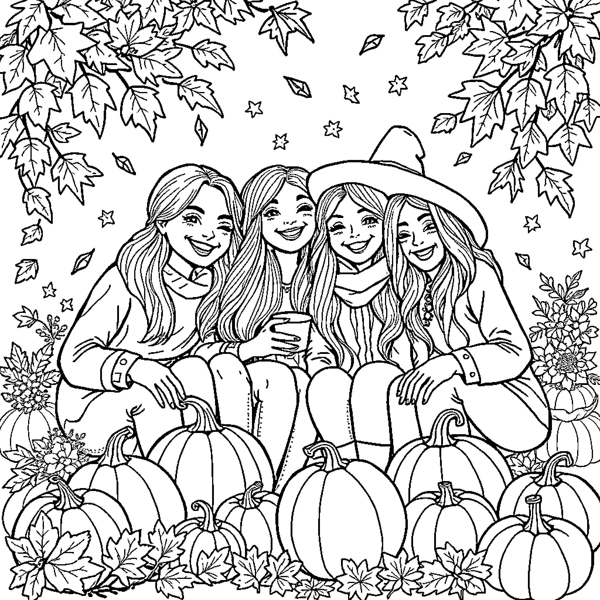 Fling of Friends Enjoying Autumn Festivities Coloring Page (free black-and-white line drawing printable PDF for all, from beginners to advanced learners, including children, teens, adults, and seniors)