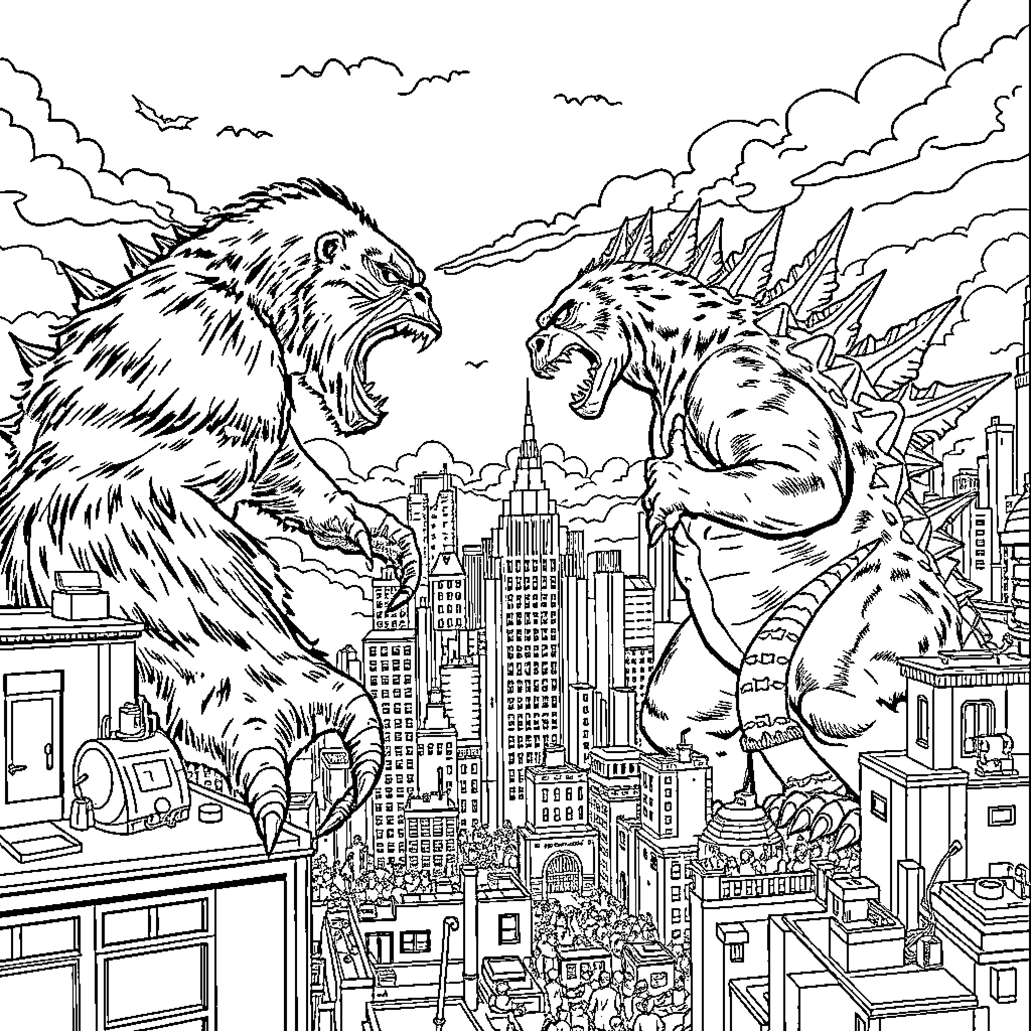 King Kong roaring over the city against a fierce rival Coloring Page (free black-and-white line drawing printable PDF for all, from beginners to advanced learners, including children, teens, adults, and seniors)