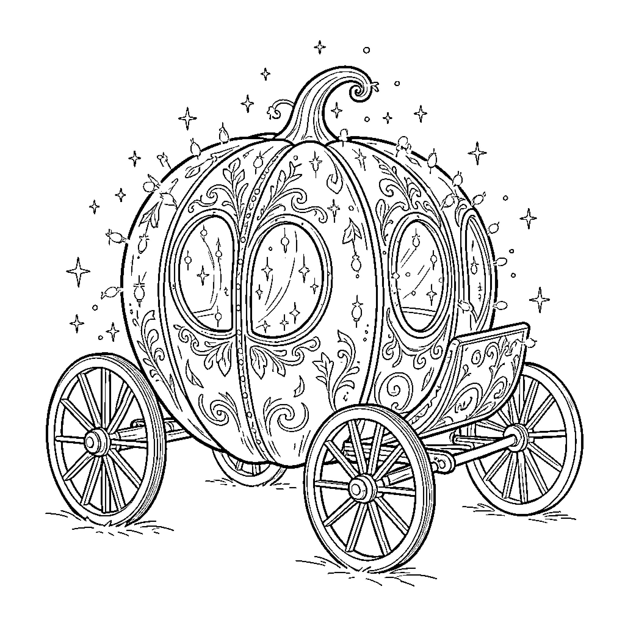 Cinderella's magical pumpkin carriage with ornate patterns Coloring Page (free black-and-white line drawing printable PDF for all, from beginners to advanced learners, including children, teens, adults, and seniors)