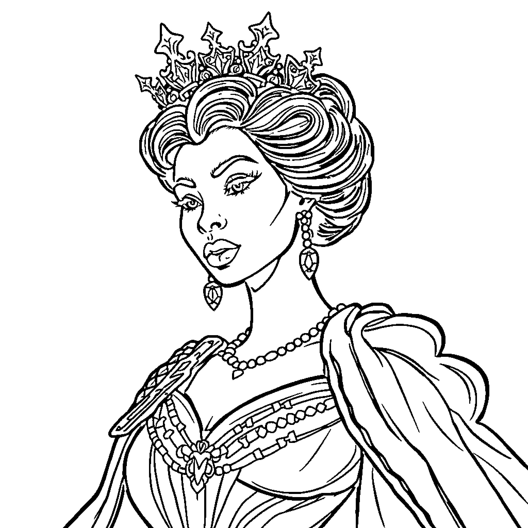 Queen adorned with elaborate headdress and jewels Coloring Page (free black-and-white line drawing printable PDF for all, from beginners to advanced learners, including children, teens, adults, and seniors)
