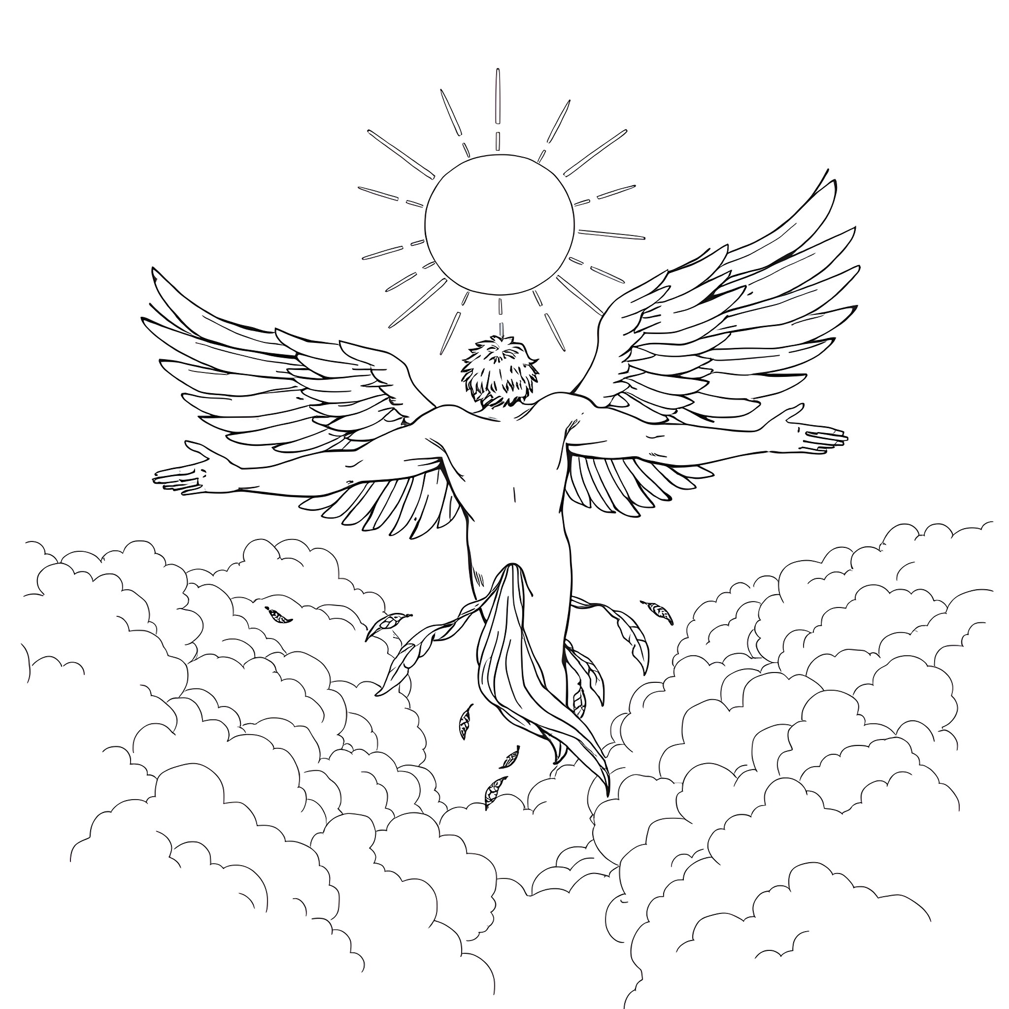 Icarus soaring through the sky with outstretched wings Coloring Page (free black-and-white line drawing printable PDF for all, from beginners to advanced learners, including children, teens, adults, and seniors)