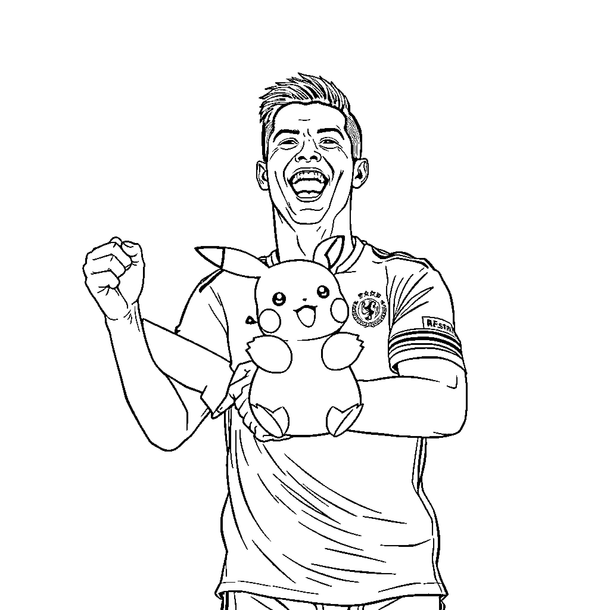 Ronaldo celebrates with Pikachu after winning Coloring Page (free black-and-white line drawing printable PDF for all, from beginners to advanced learners, including children, teens, adults, and seniors)