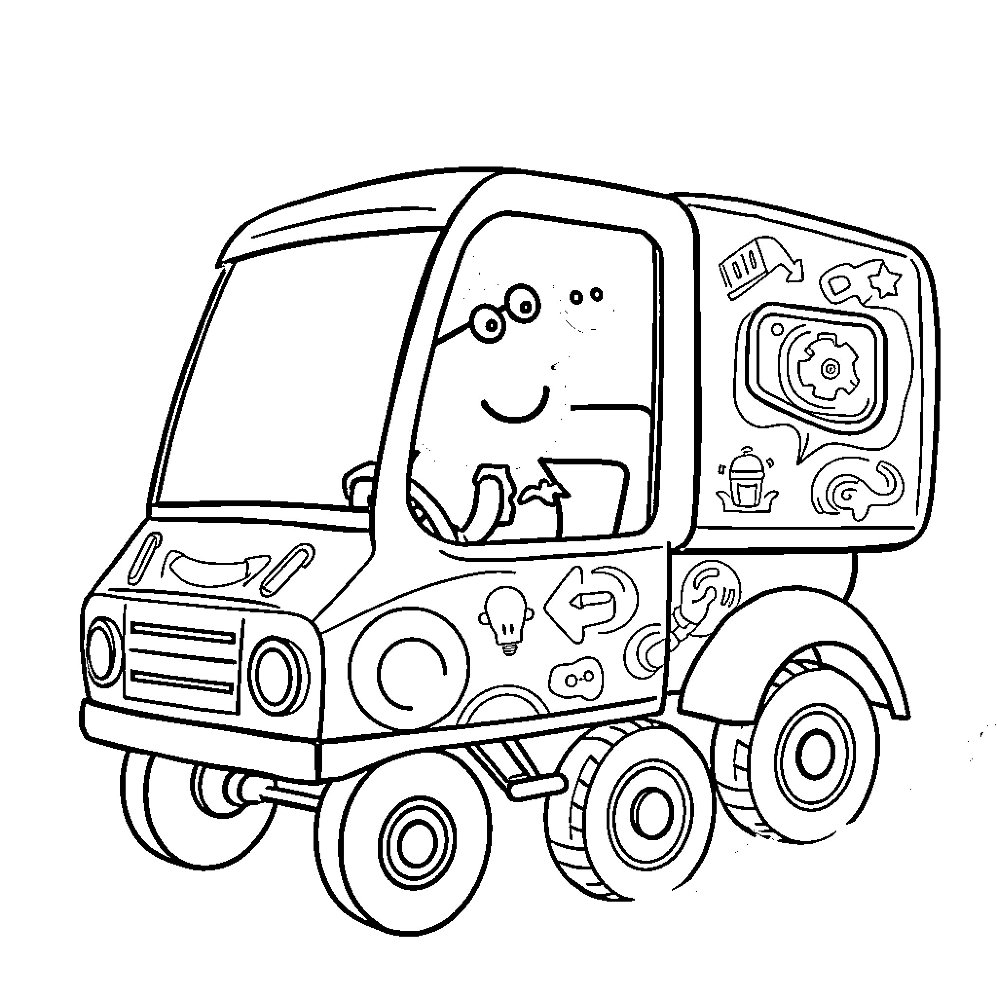 Peppa Pig's toy vehicle with playful decorations Coloring Page (free black-and-white line drawing printable PDF for all, from beginners to advanced learners, including children, teens, adults, and seniors)