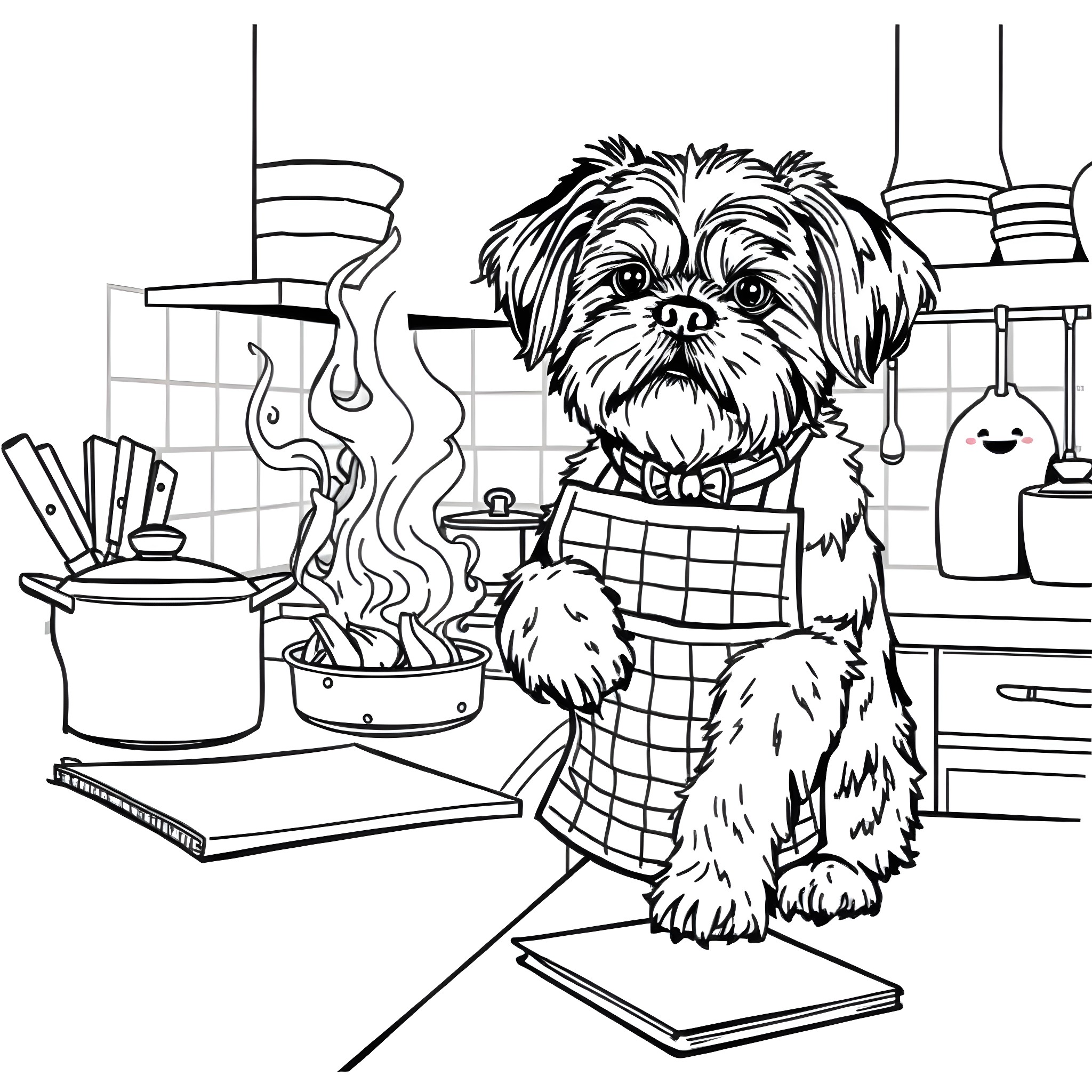 Shih Tzu cooking happily in the kitchen Coloring Page (free black-and-white line drawing printable PDF for all, from beginners to advanced learners, including children, teens, adults, and seniors)