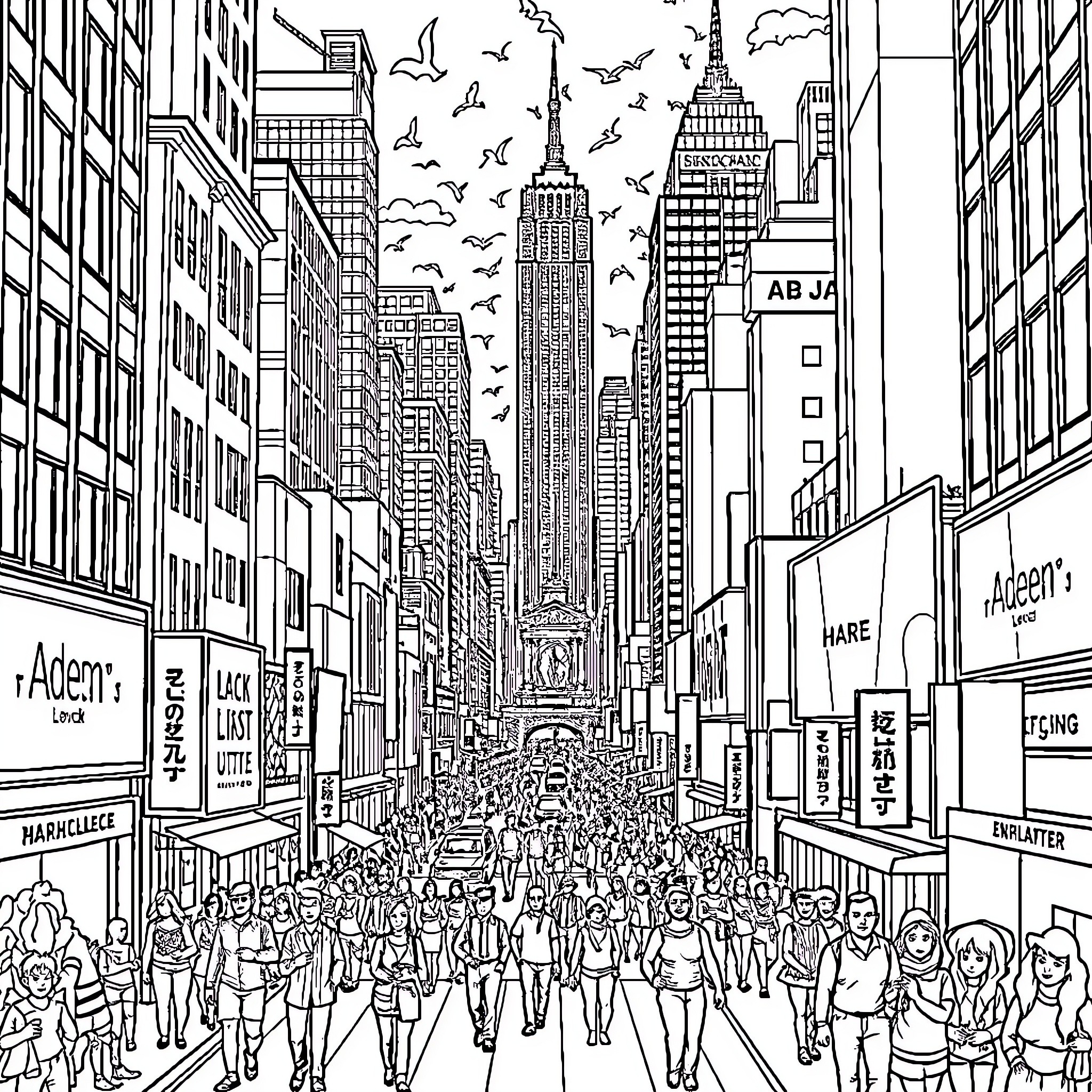 City of bustling streets and towering skyscrapers Coloring Page (free black-and-white line drawing printable PDF for all, from beginners to advanced learners, including children, teens, adults, and seniors)