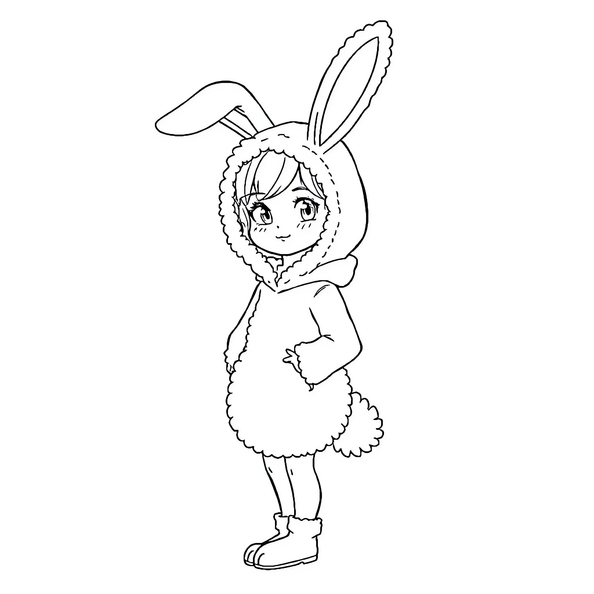 Bunny-costumed child standing happily Coloring Page (free black-and-white line drawing printable PDF for all, from beginners to advanced learners, including children, teens, adults, and seniors)