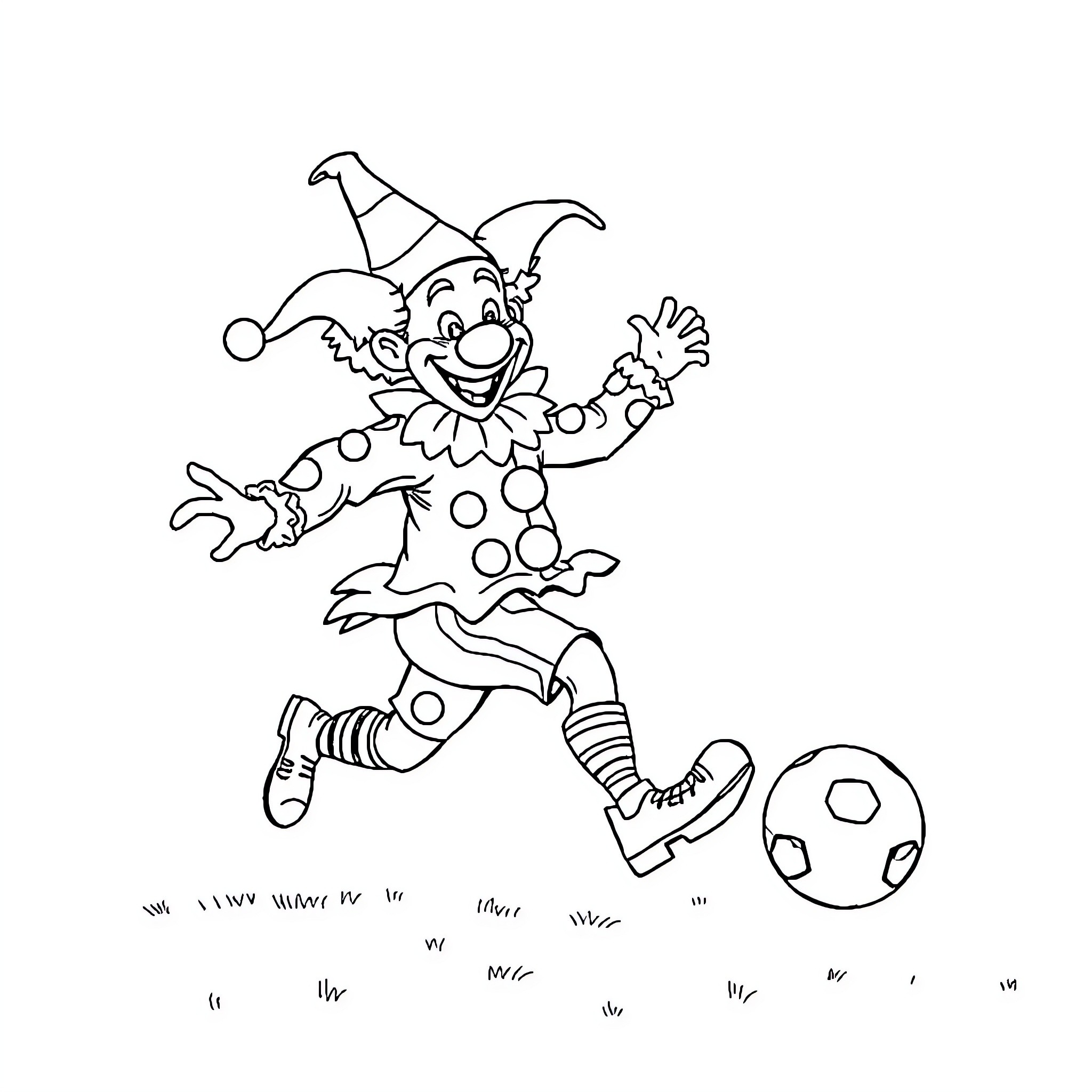 Clown juggling ball and waving happily Coloring Page (free black-and-white line drawing printable PDF for all, from beginners to advanced learners, including children, teens, adults, and seniors)