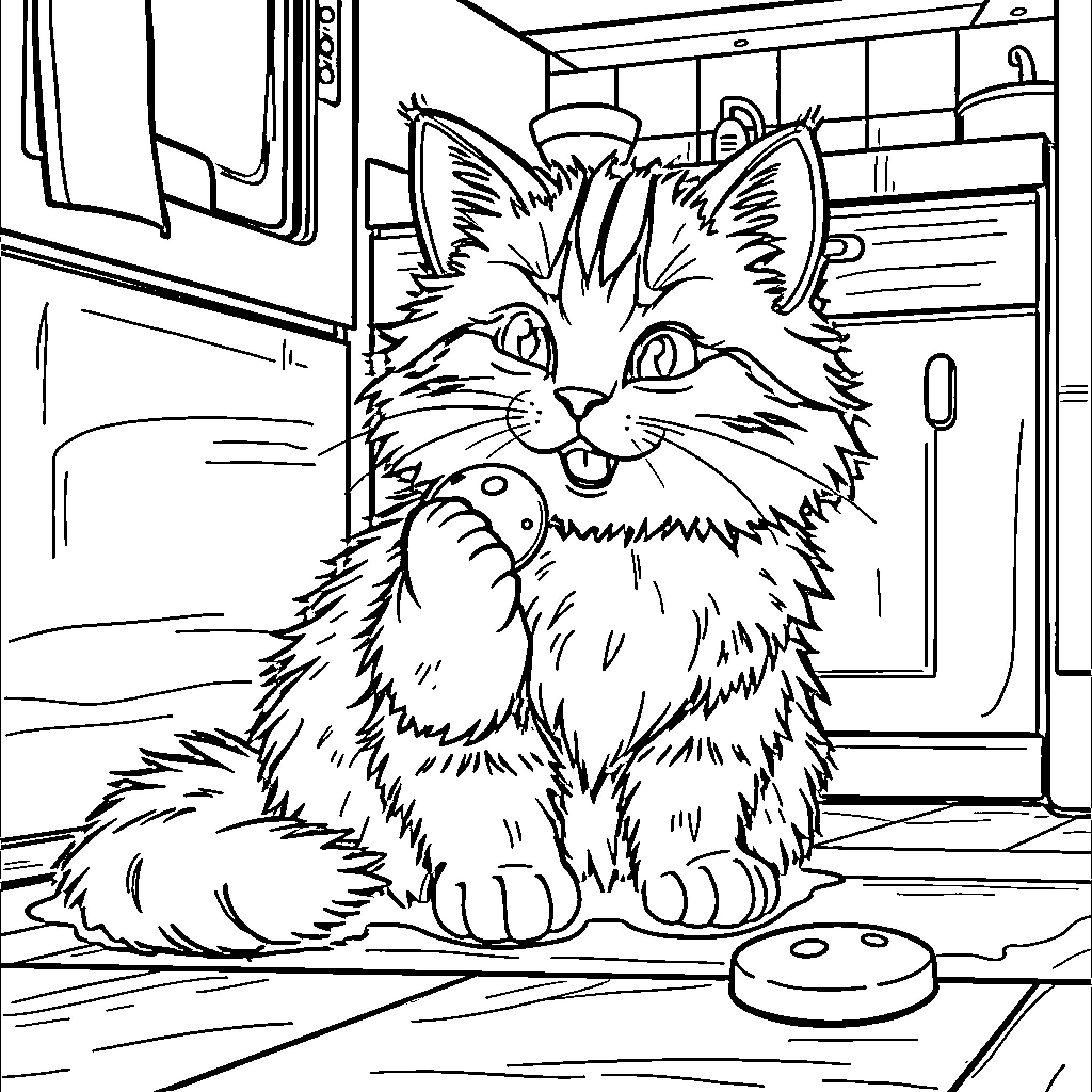 Cat exploring its home Coloring Page (free black-and-white line drawing printable PDF for all, from beginners to advanced learners, including children, teens, adults, and seniors)