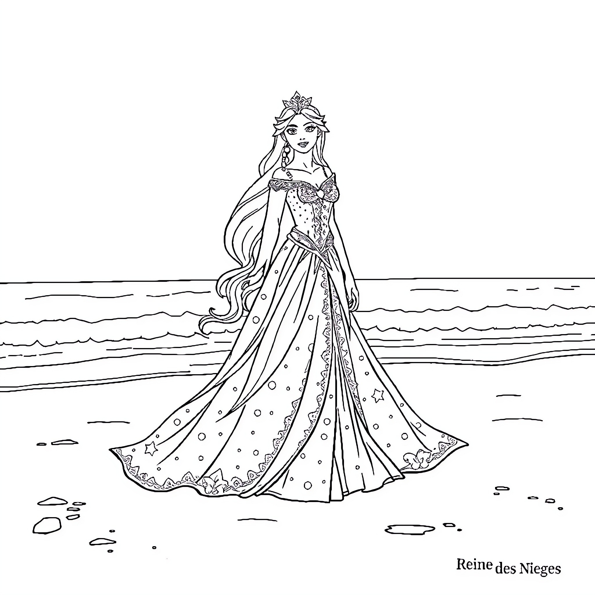Queen in Elegant Attire by the Seashore Coloring Page (free black-and-white line drawing printable PDF for all, from beginners to advanced learners, including children, teens, adults, and seniors)