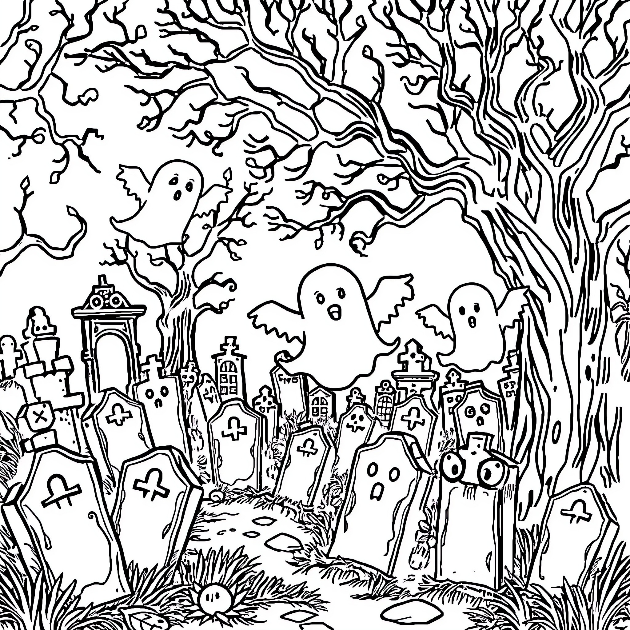 Ghost Spirits Haunting Spooky Graveyard at Night Coloring Page (free black-and-white line drawing printable PDF for all, from beginners to advanced learners, including children, teens, adults, and seniors)