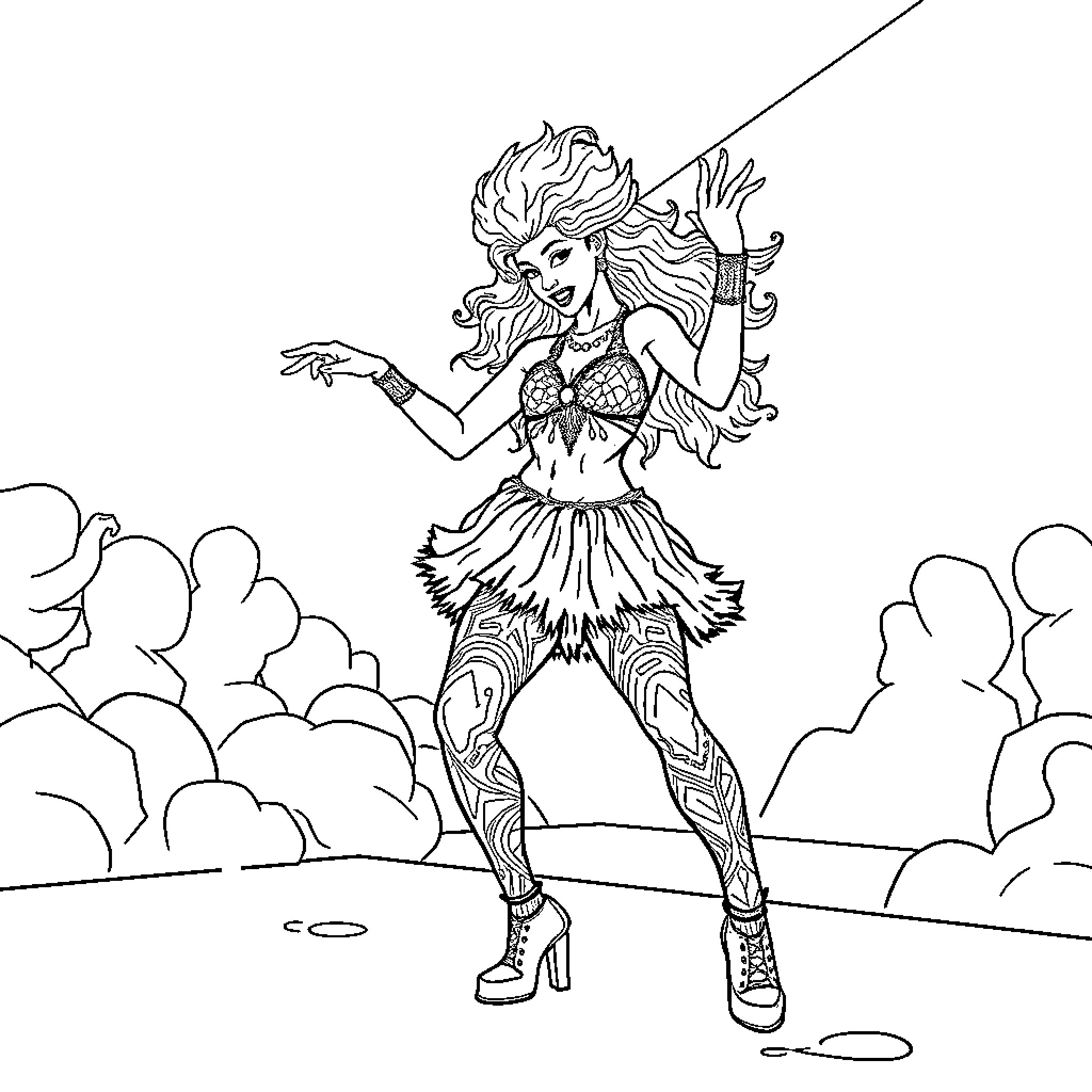 Ice Spice's Fierce Feathered Attire Coloring Page (free black-and-white line drawing printable PDF for all, from beginners to advanced learners, including children, teens, adults, and seniors)