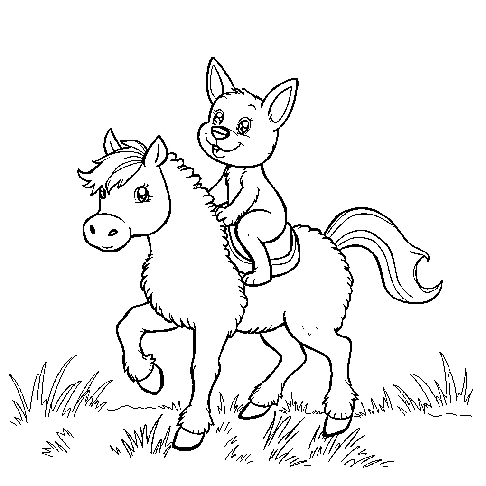 Dog riding on a playful pony Coloring Page (free black-and-white line drawing printable PDF for all, from beginners to advanced learners, including children, teens, adults, and seniors)