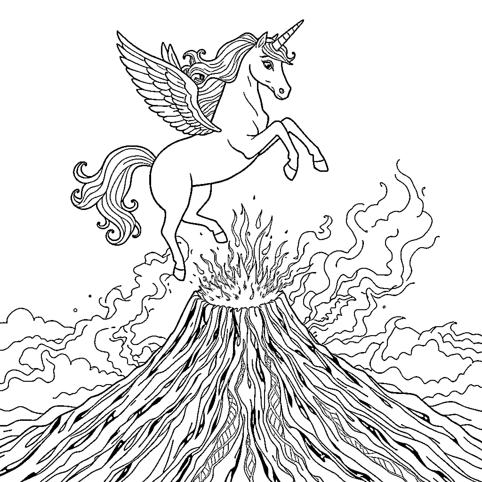 Unicorn soaring over a majestic volcanic eruption Coloring Page (free black-and-white line drawing printable PDF for all, from beginners to advanced learners, including children, teens, adults, and seniors)