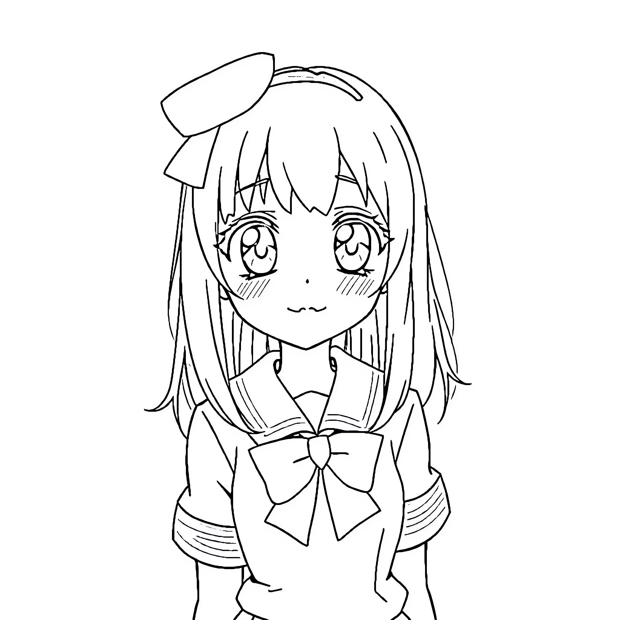Anya in school uniform looking cheerful Coloring Page (free black-and-white line drawing printable PDF for all, from beginners to advanced learners, including children, teens, adults, and seniors)