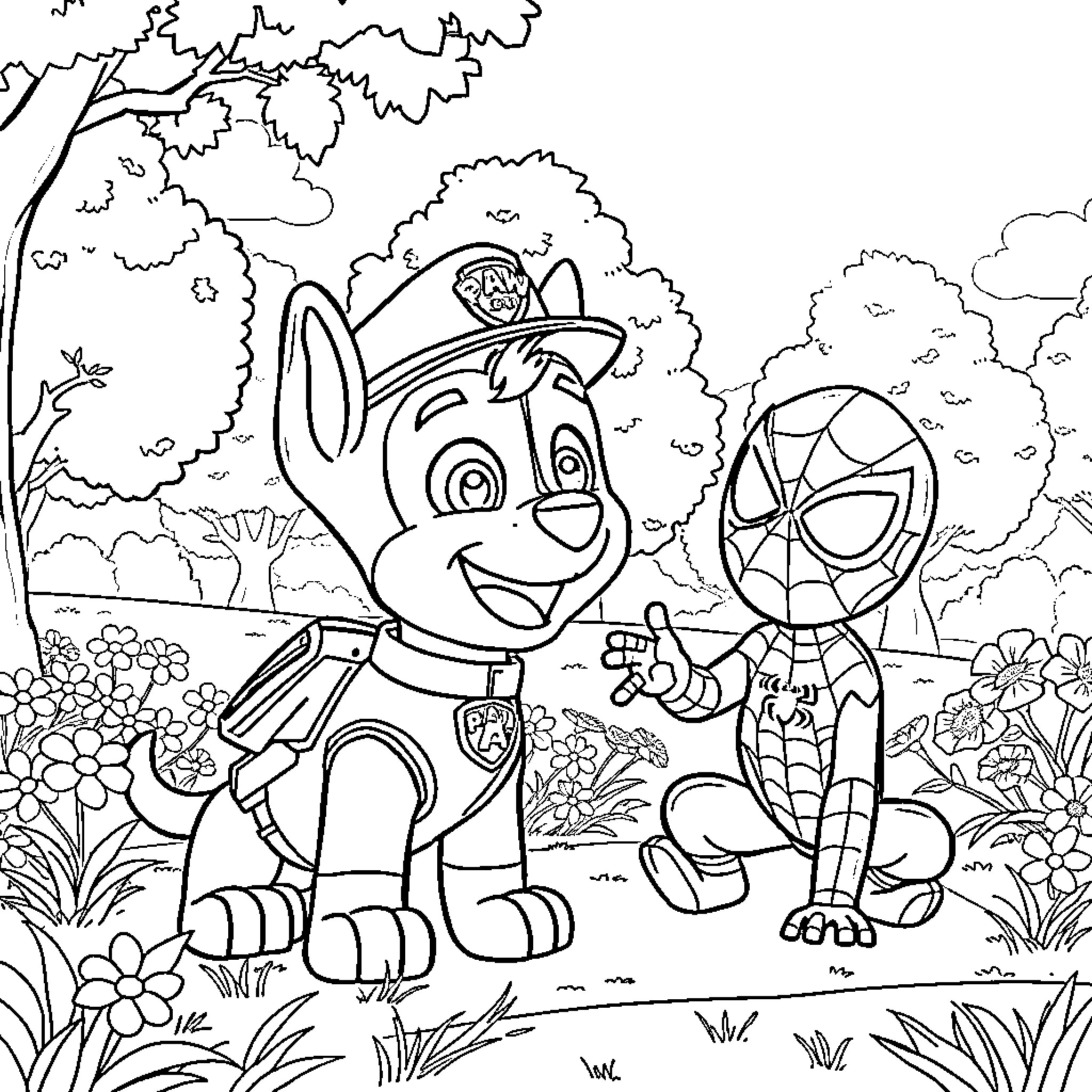 Chase through the Enchanted Forest Coloring Page (free black-and-white line drawing printable PDF for all, from beginners to advanced learners, including children, teens, adults, and seniors)
