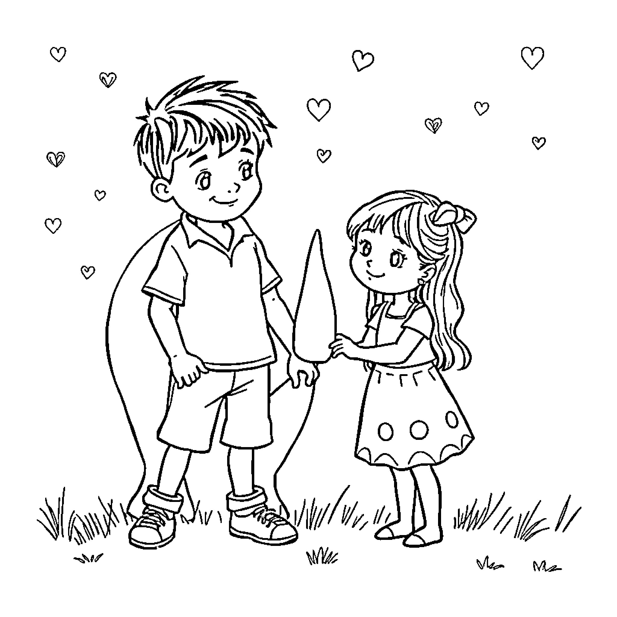 Rhinoceros children holding hands in the park Coloring Page (free black-and-white line drawing printable PDF for all, from beginners to advanced learners, including children, teens, adults, and seniors)