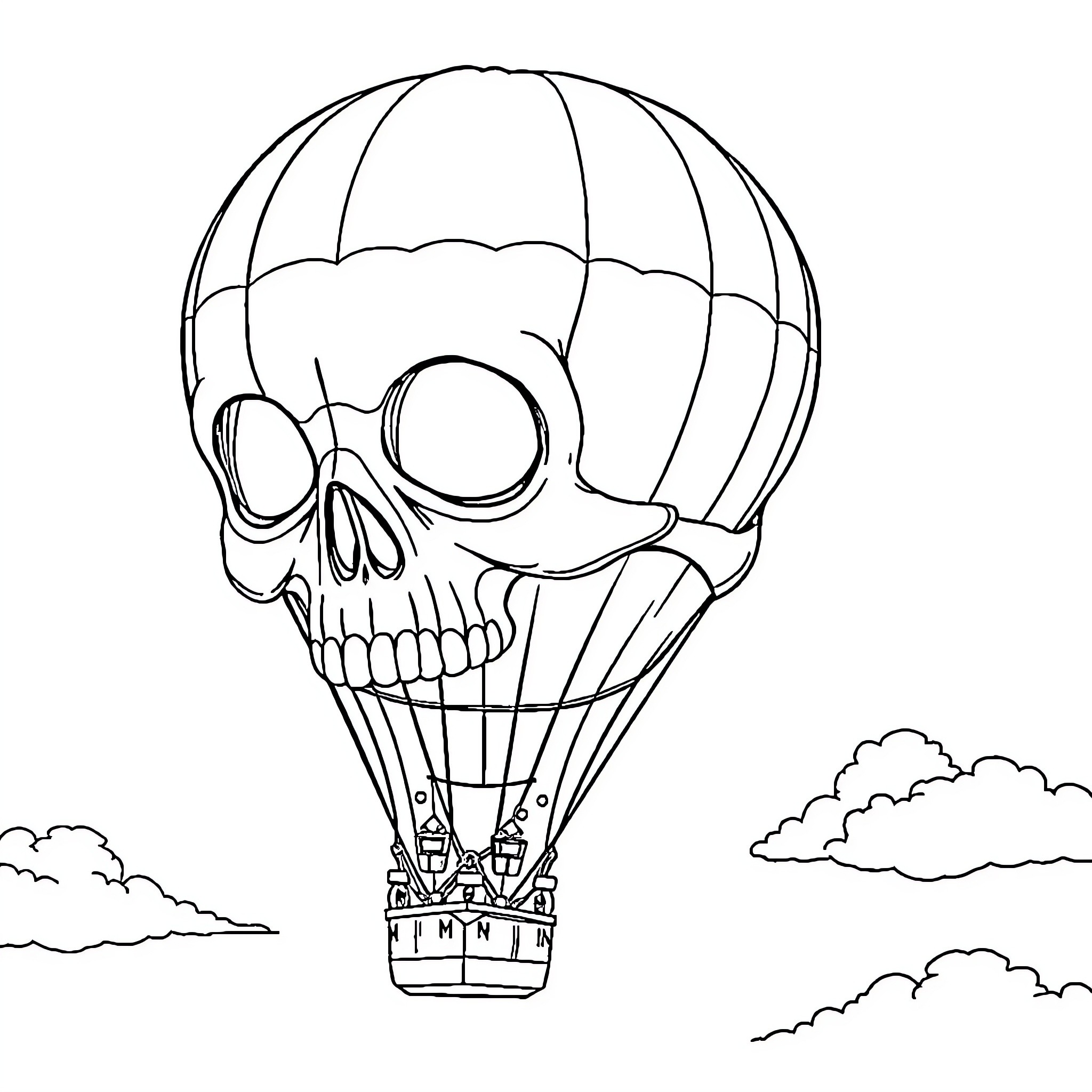 Skull riding a hot air balloon Coloring Page (free black-and-white line drawing printable PDF for all, from beginners to advanced learners, including children, teens, adults, and seniors)