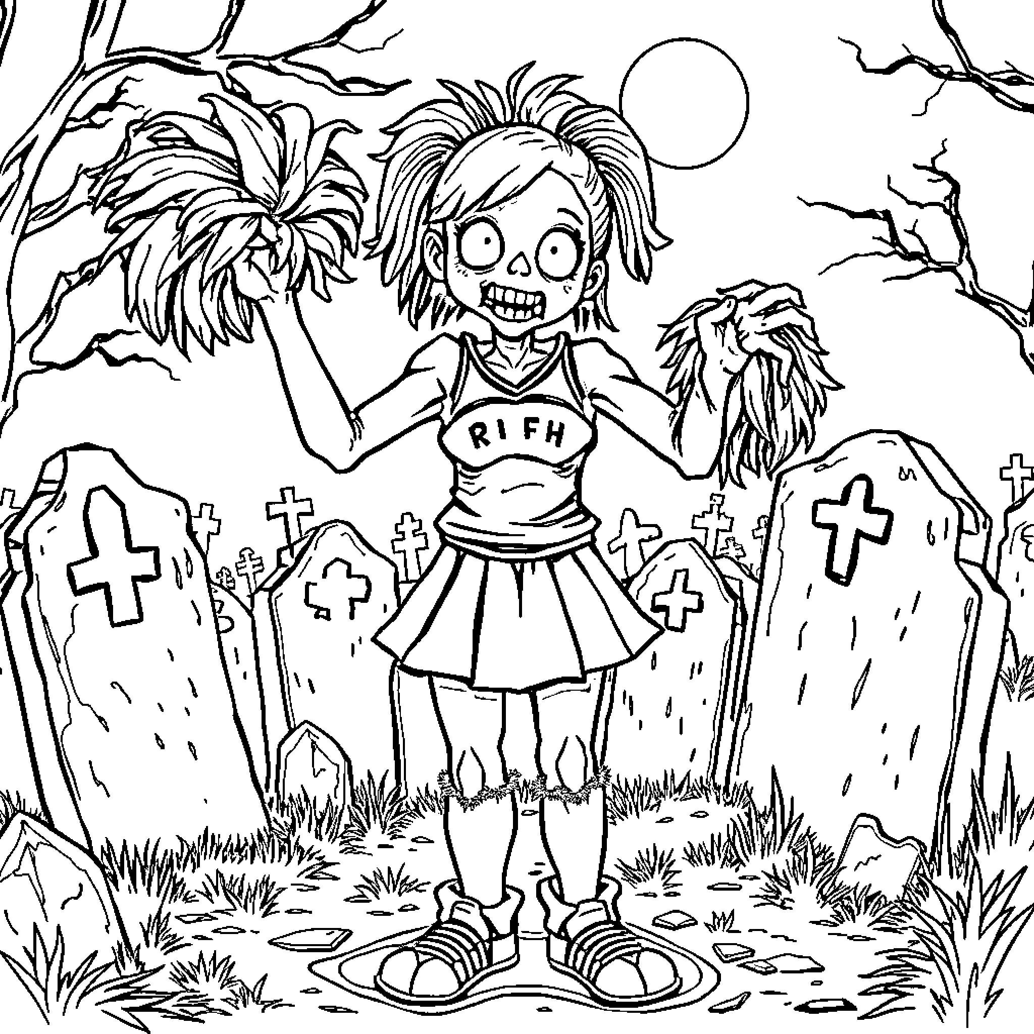 Zombie Girl Among Tombstones Coloring Page (free black-and-white line drawing printable PDF for all, from beginners to advanced learners, including children, teens, adults, and seniors)