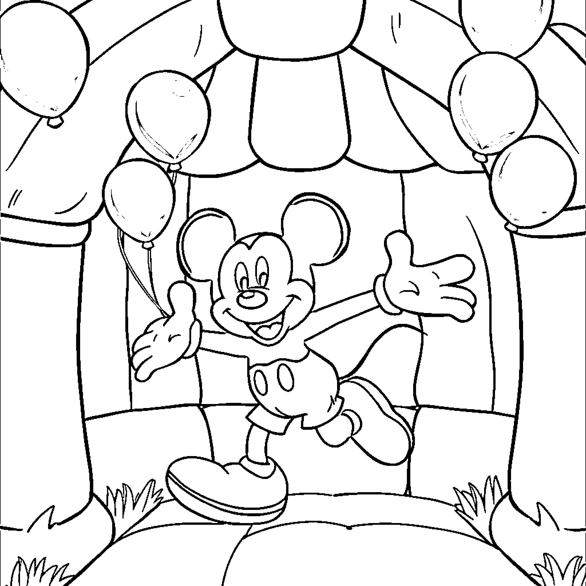 Mickey Mouse entertaining with balloons Coloring Page (free black-and-white line drawing printable PDF for all, from beginners to advanced learners, including children, teens, adults, and seniors)