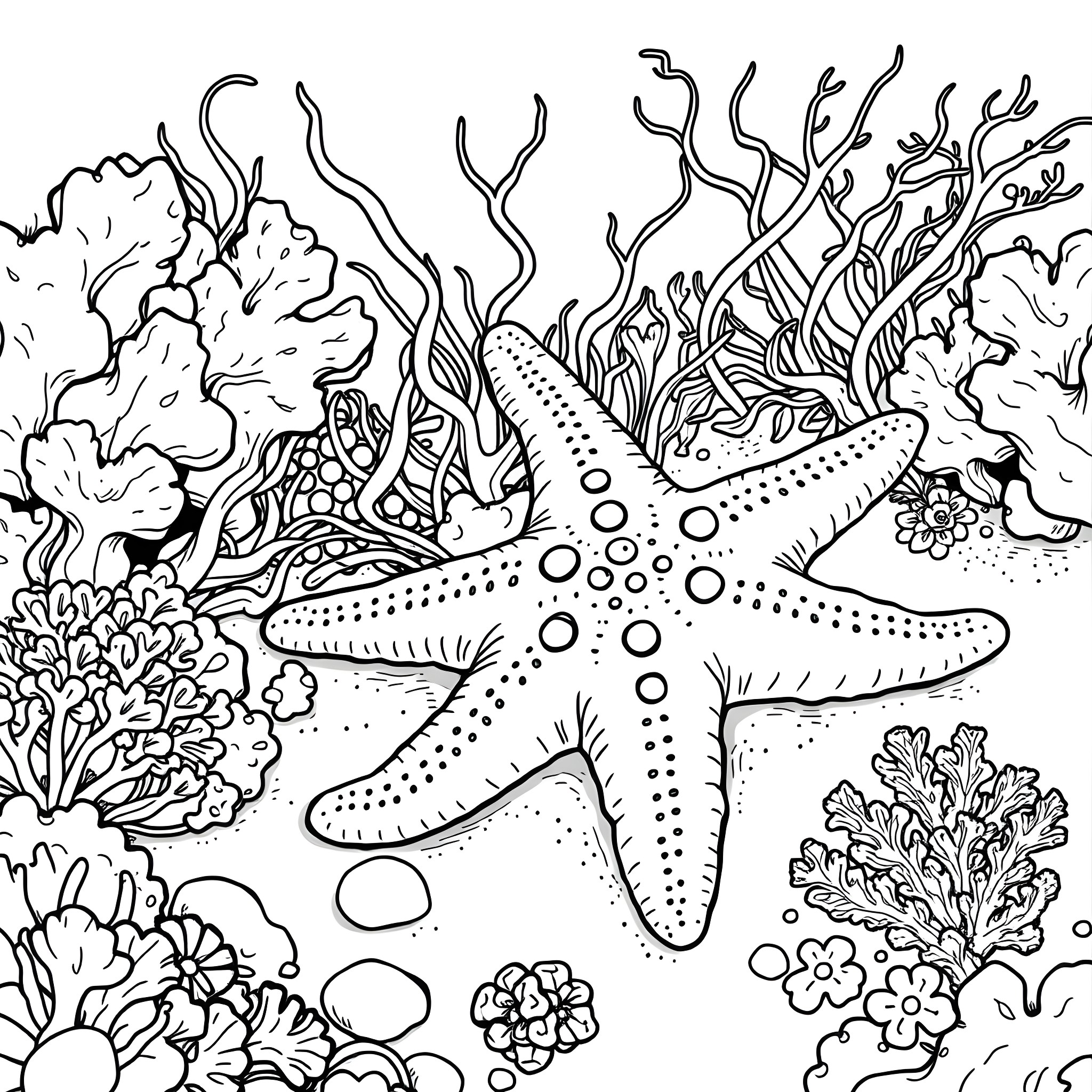 Starfish resting amidst vibrant coral reef Coloring Page (free black-and-white line drawing printable PDF for all, from beginners to advanced learners, including children, teens, adults, and seniors)