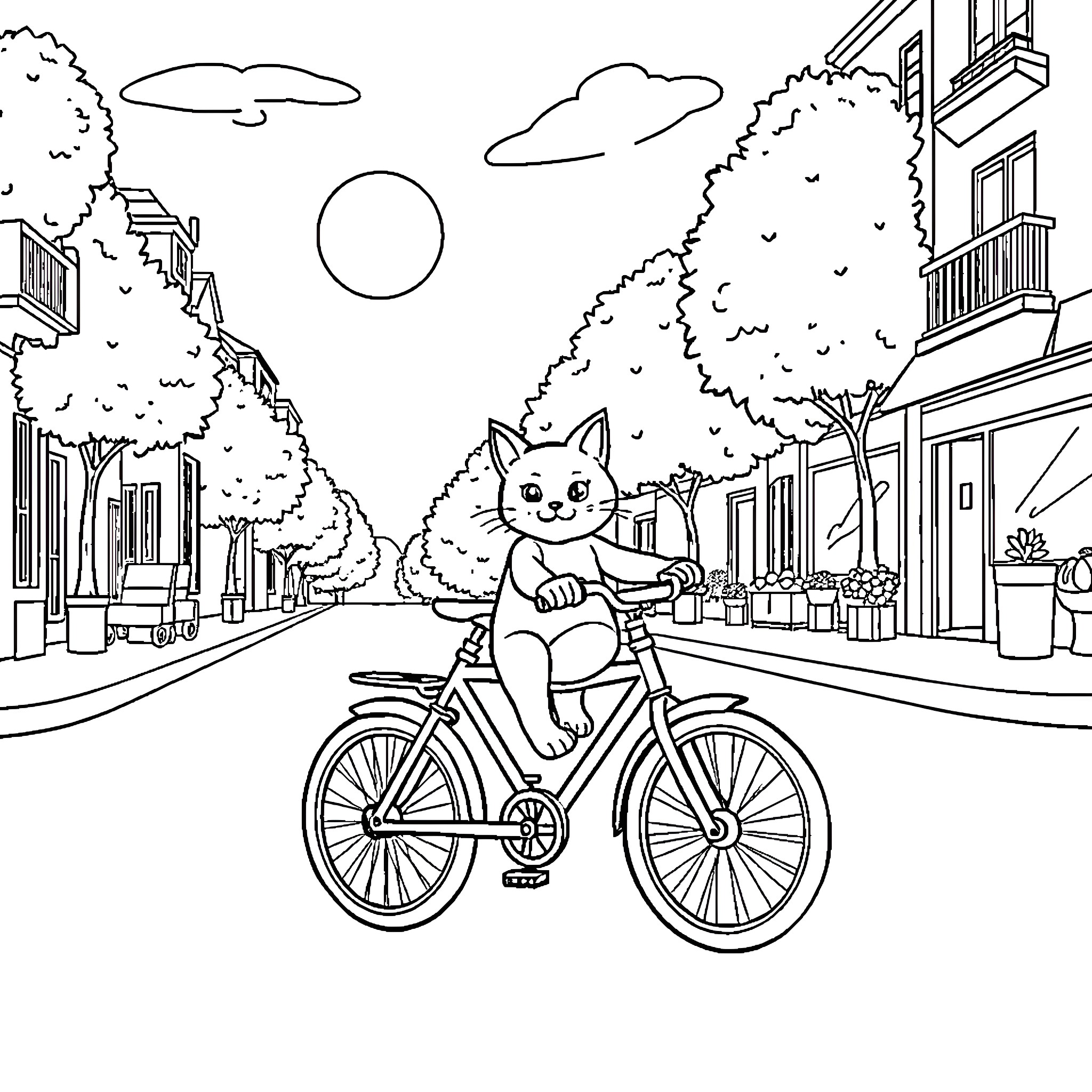 Cat riding a bicycle through city streets Coloring Page (free black-and-white line drawing printable PDF for all, from beginners to advanced learners, including children, teens, adults, and seniors)