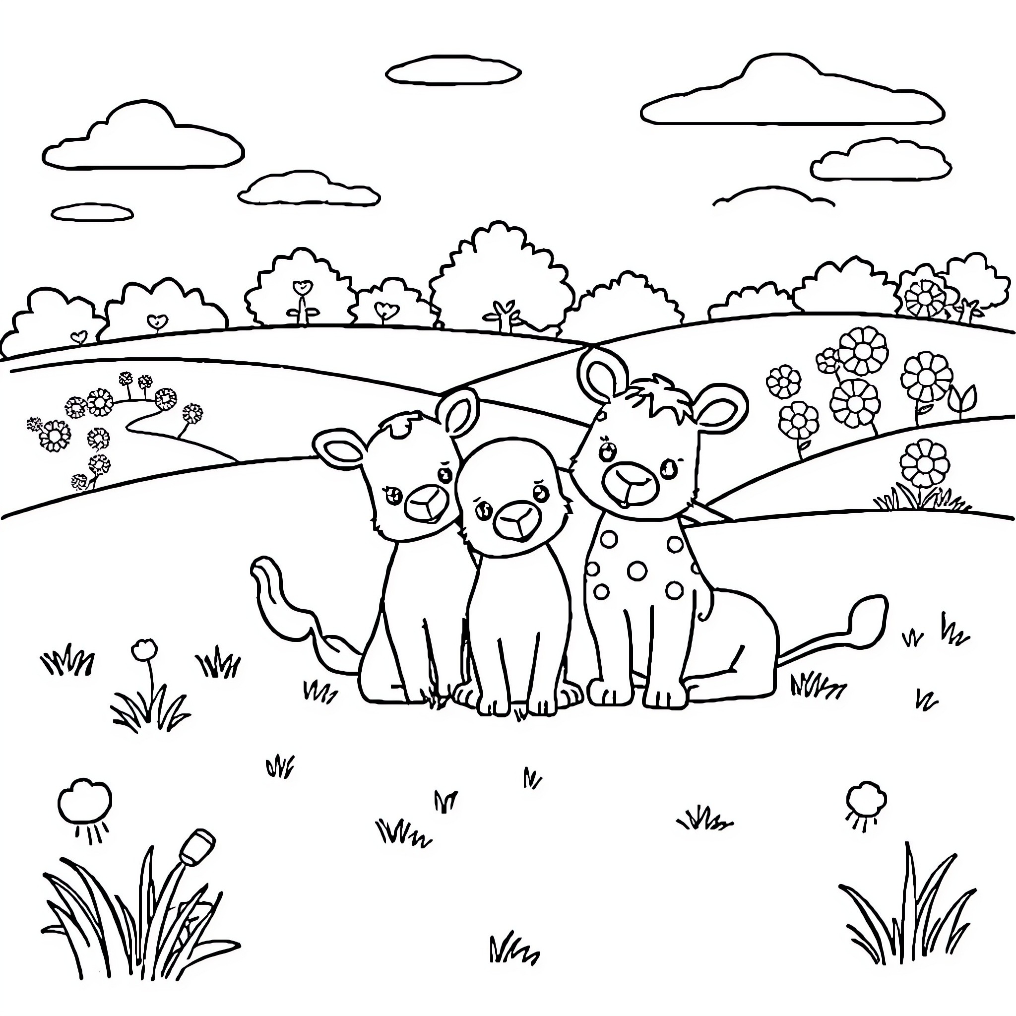 Animal friends in a tranquil countryside scene Coloring Page (free black-and-white line drawing printable PDF for all, from beginners to advanced learners, including children, teens, adults, and seniors)