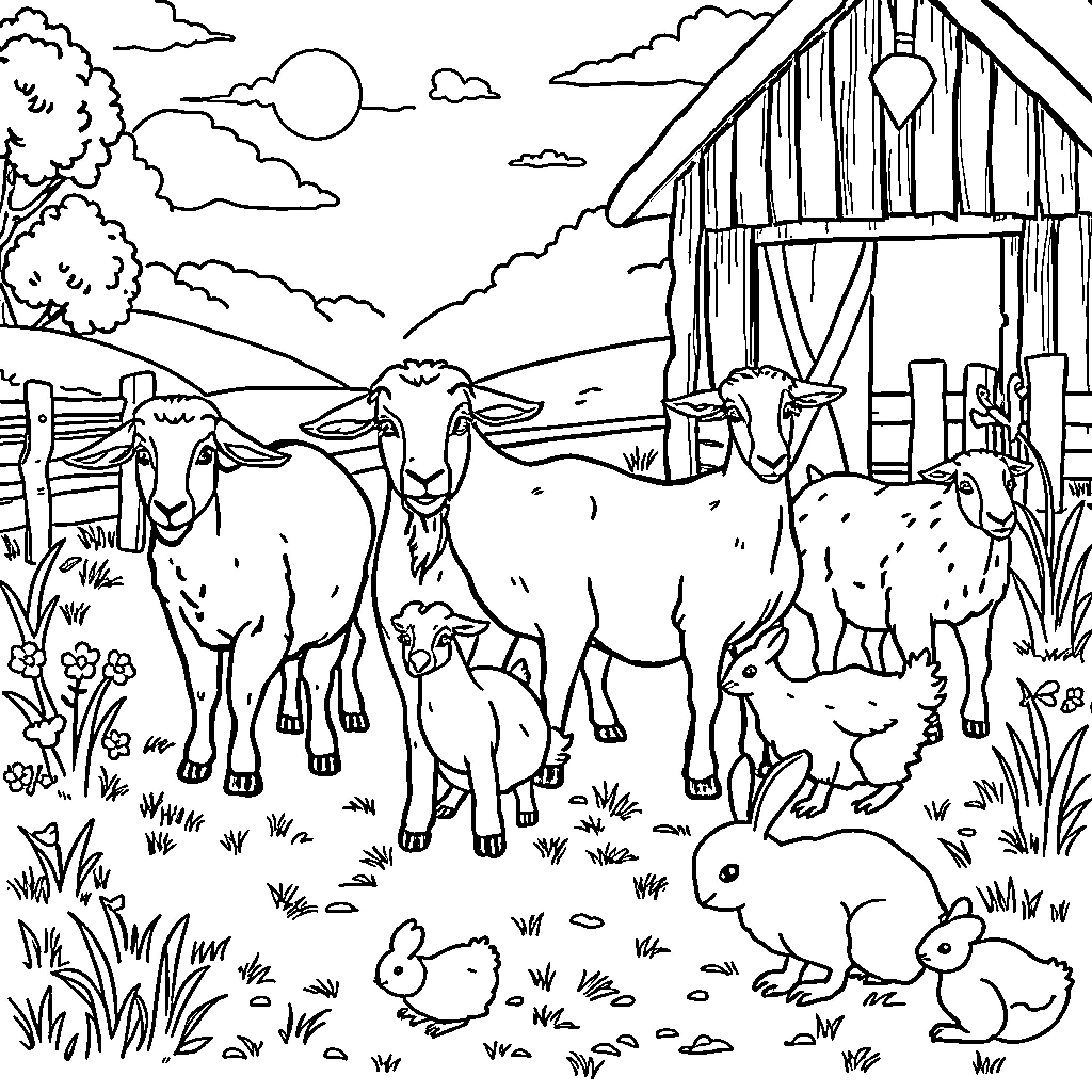 Goats enjoying the farm scenery Coloring Page (free black-and-white line drawing printable PDF for all, from beginners to advanced learners, including children, teens, adults, and seniors)