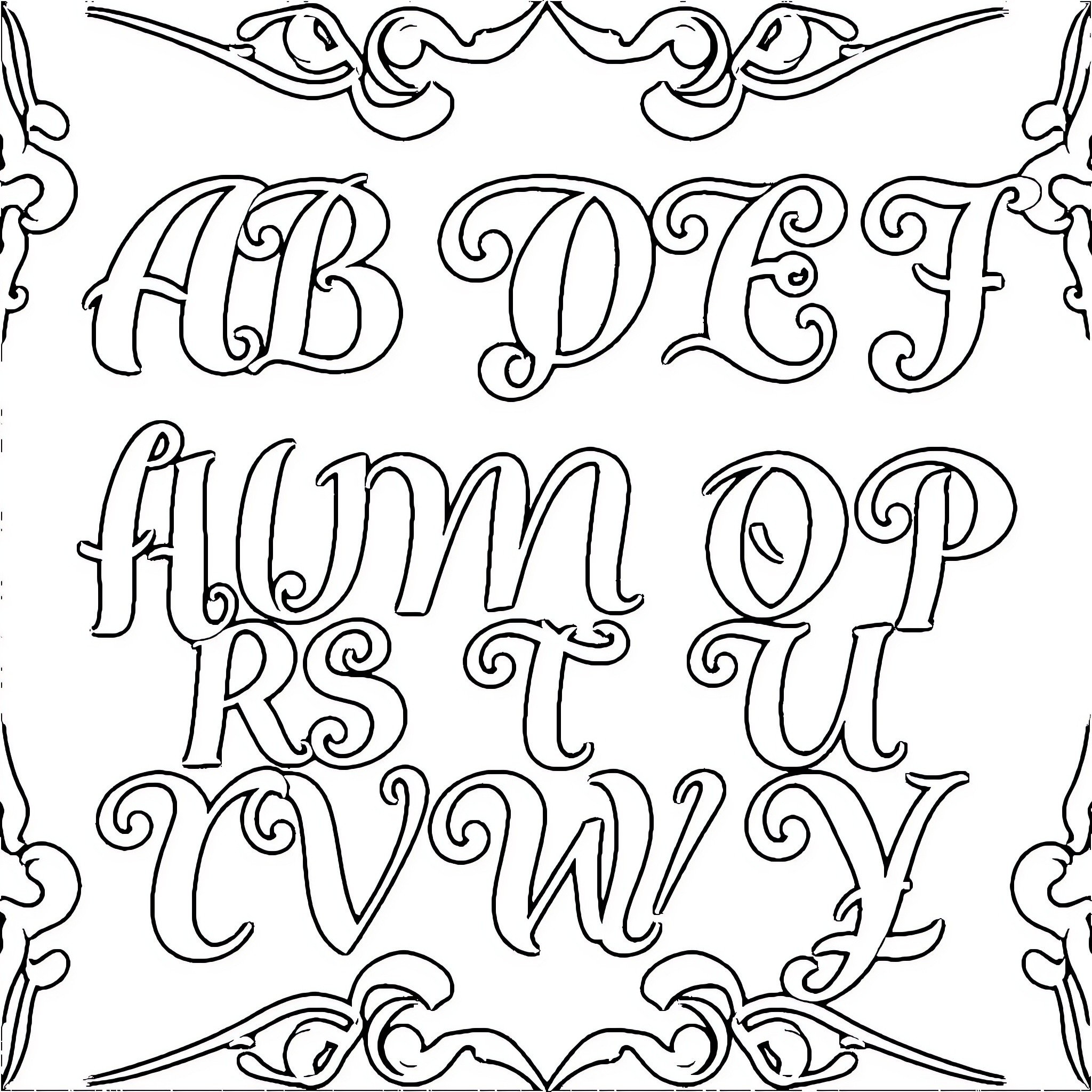 Alphabet of decorative lettering and calligraphy Coloring Page (free black-and-white line drawing printable PDF for all, from beginners to advanced learners, including children, teens, adults, and seniors)