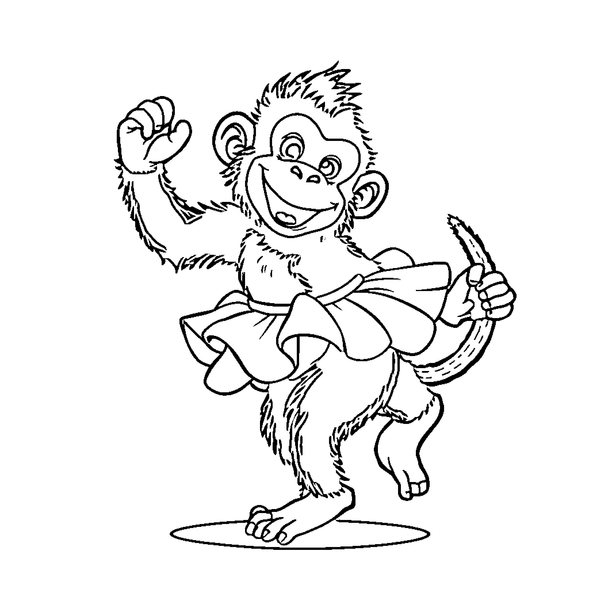 Monkey joyfully dancing in a dress Coloring Page (free black-and-white line drawing printable PDF for all, from beginners to advanced learners, including children, teens, adults, and seniors)