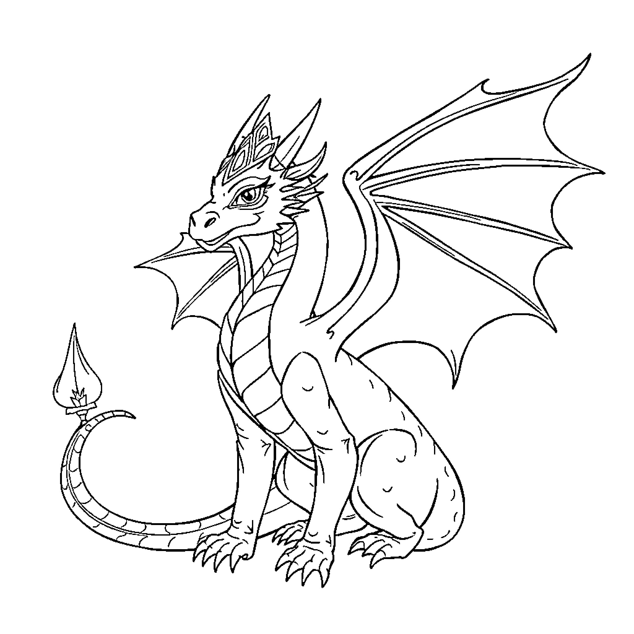 Dragon Breathing Fire with Outstretched Wings Coloring Page (free black-and-white line drawing printable PDF for all, from beginners to advanced learners, including children, teens, adults, and seniors)
