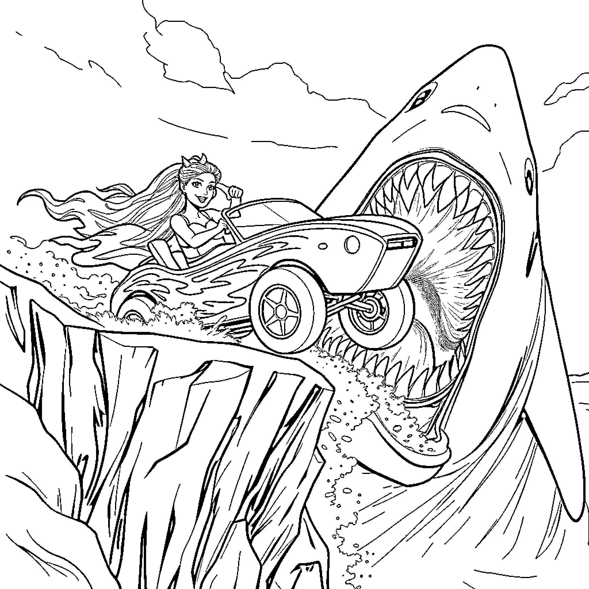 Barbie's Wild Ride in the Shark's Jaws Coloring Page (free black-and-white line drawing printable PDF for all, from beginners to advanced learners, including children, teens, adults, and seniors)