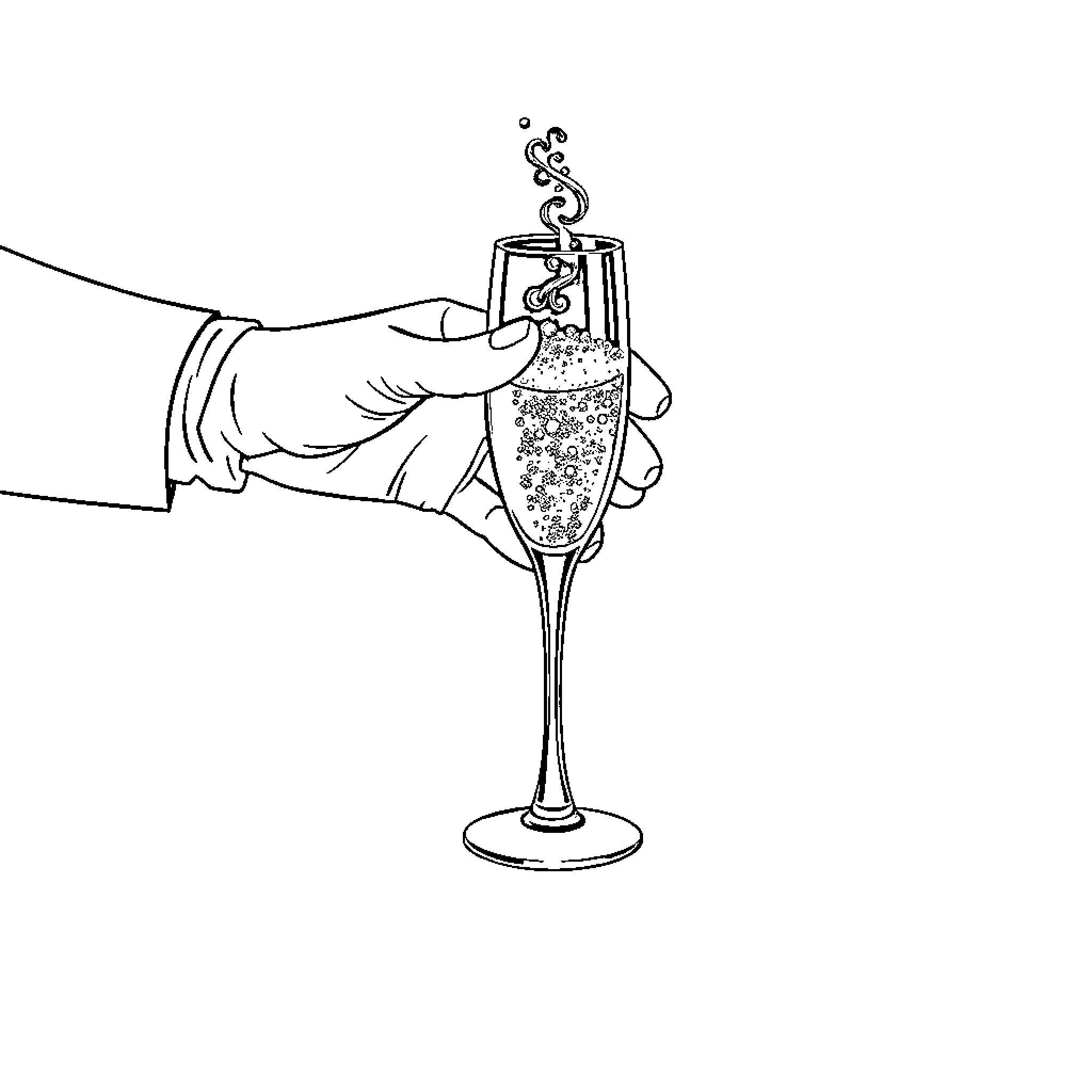 Hand holding champagne glass in celebration Coloring Page (free black-and-white line drawing printable PDF for all, from beginners to advanced learners, including children, teens, adults, and seniors)