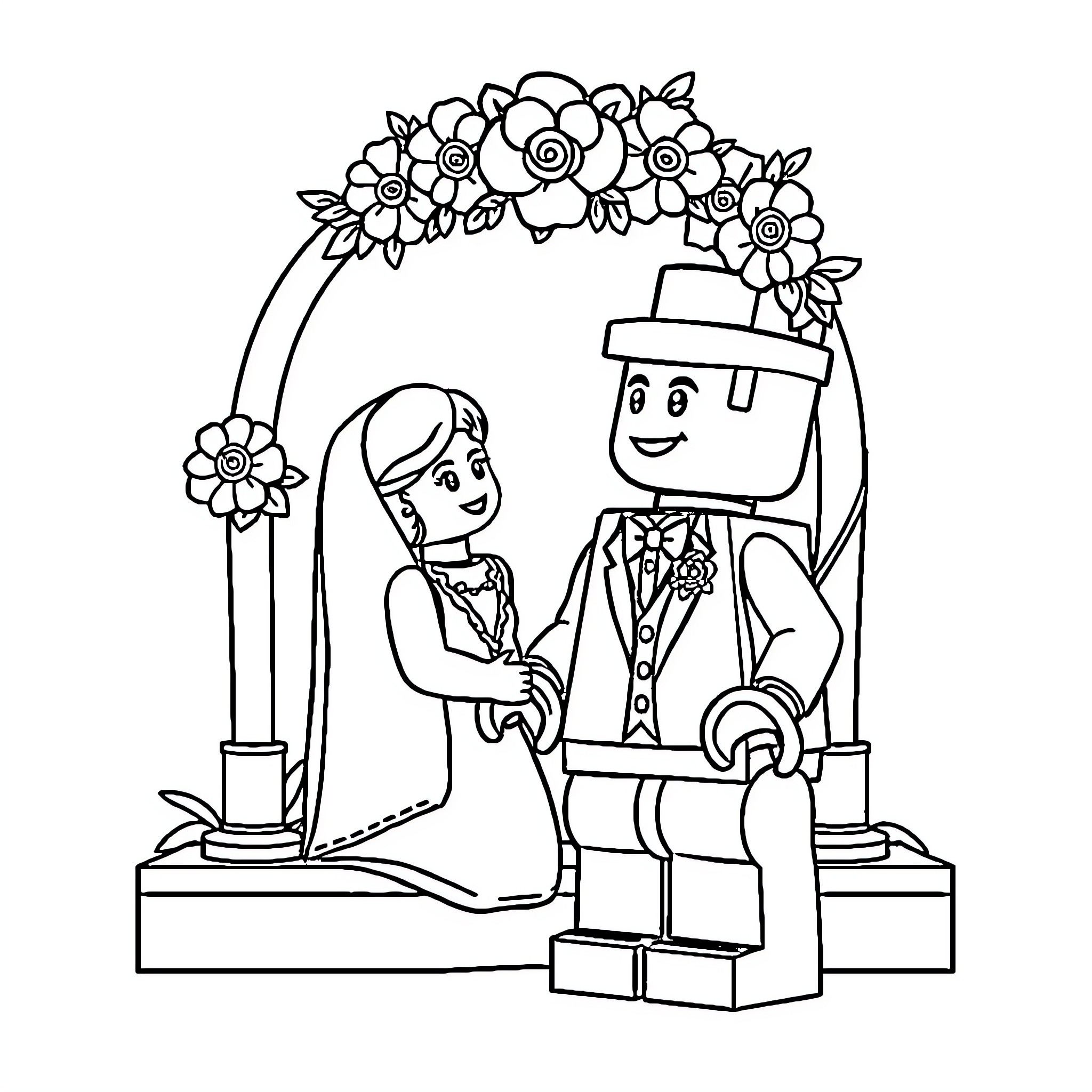Lego Brick Wedding Ceremony Coloring Page (free black-and-white line drawing printable PDF for all, from beginners to advanced learners, including children, teens, adults, and seniors)