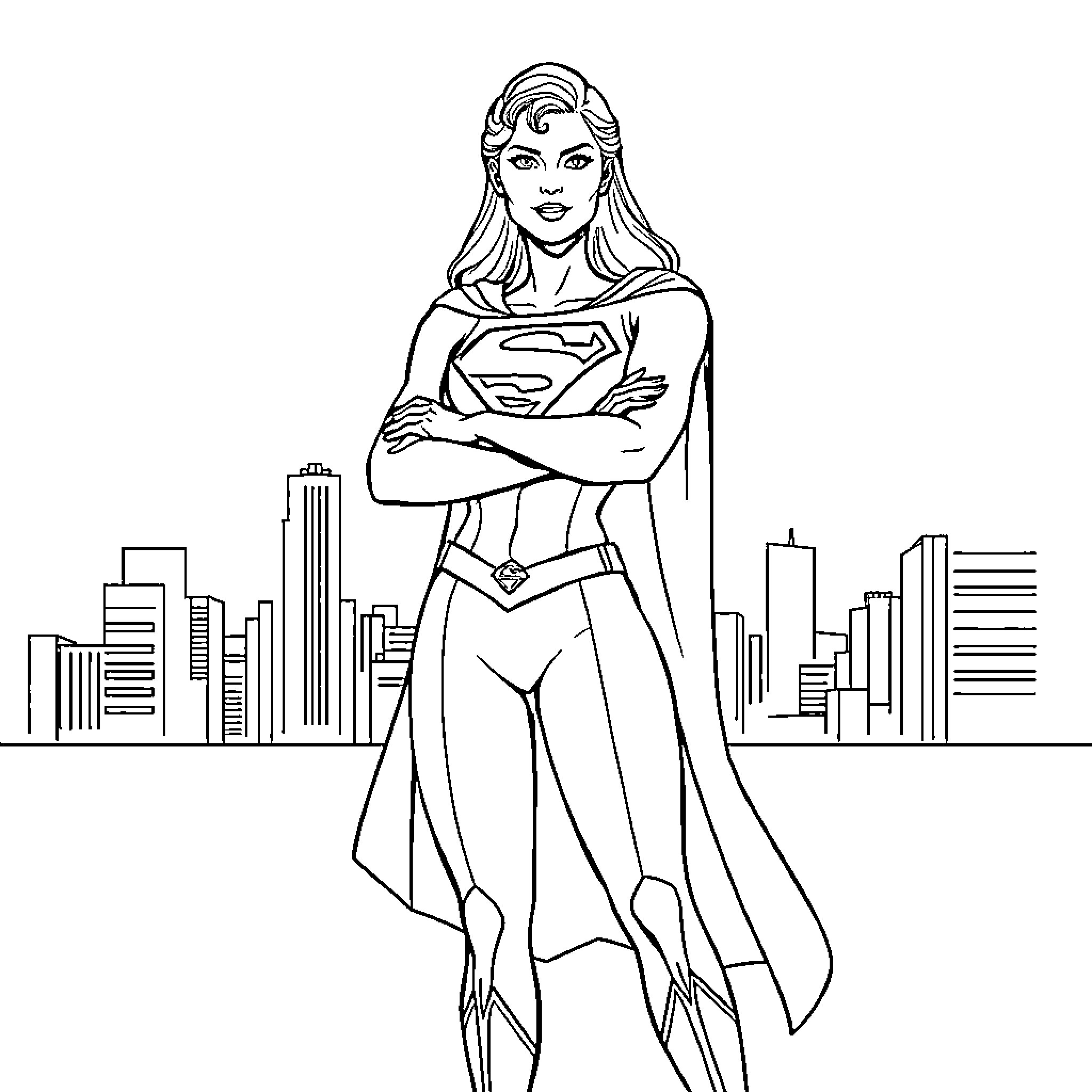 Super Girl Stands Tall in the City Coloring Page (free black-and-white line drawing printable PDF for all, from beginners to advanced learners, including children, teens, adults, and seniors)