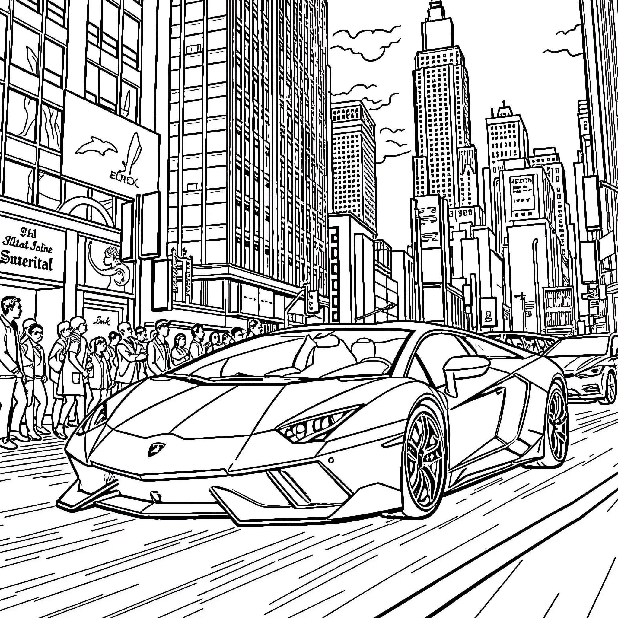 Lamborghini speeding through busy city streets Coloring Page (free black-and-white line drawing printable PDF for all, from beginners to advanced learners, including children, teens, adults, and seniors)