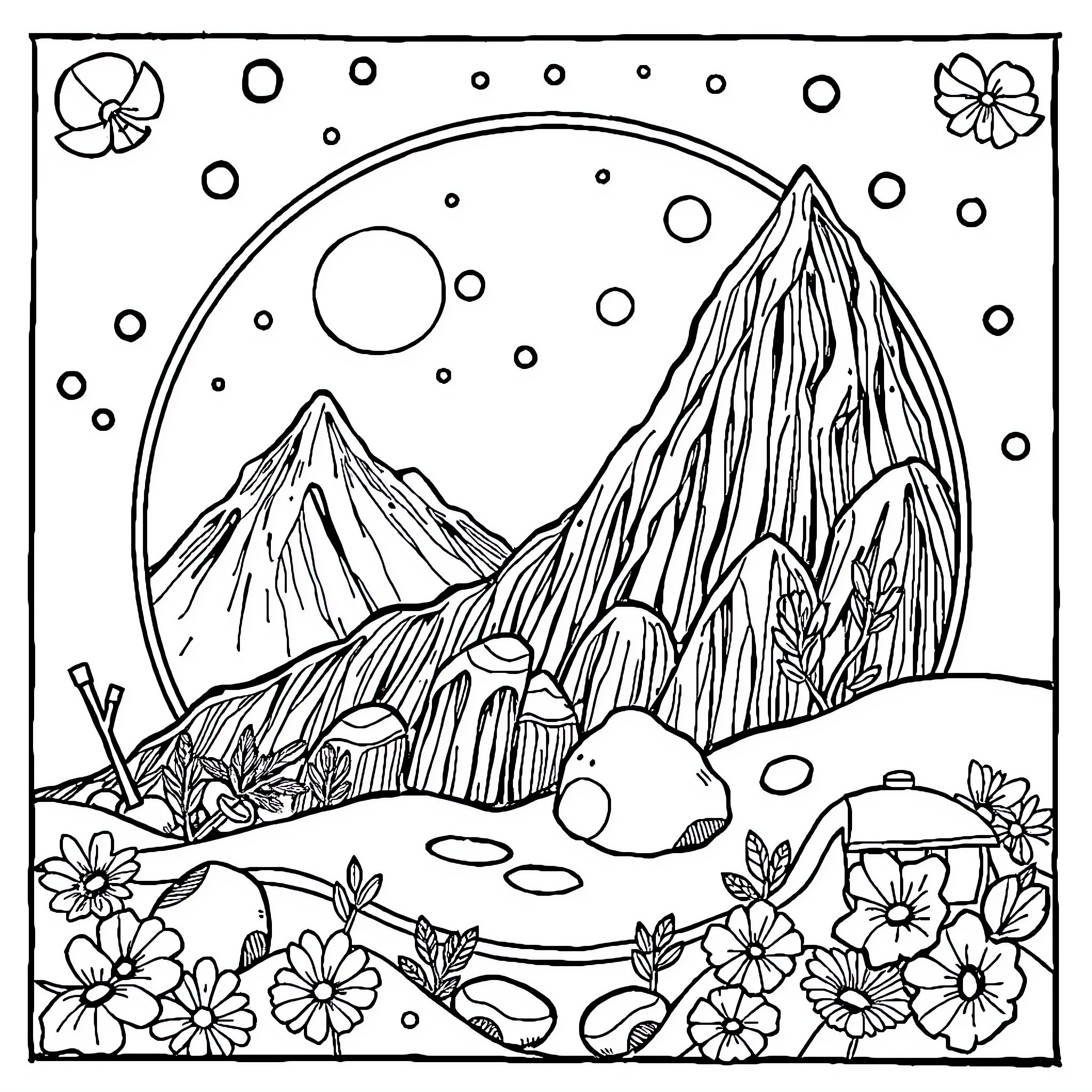 Addition and Subtraction of Nature's Elements Coloring Page (free black-and-white line drawing printable PDF for all, from beginners to advanced learners, including children, teens, adults, and seniors)