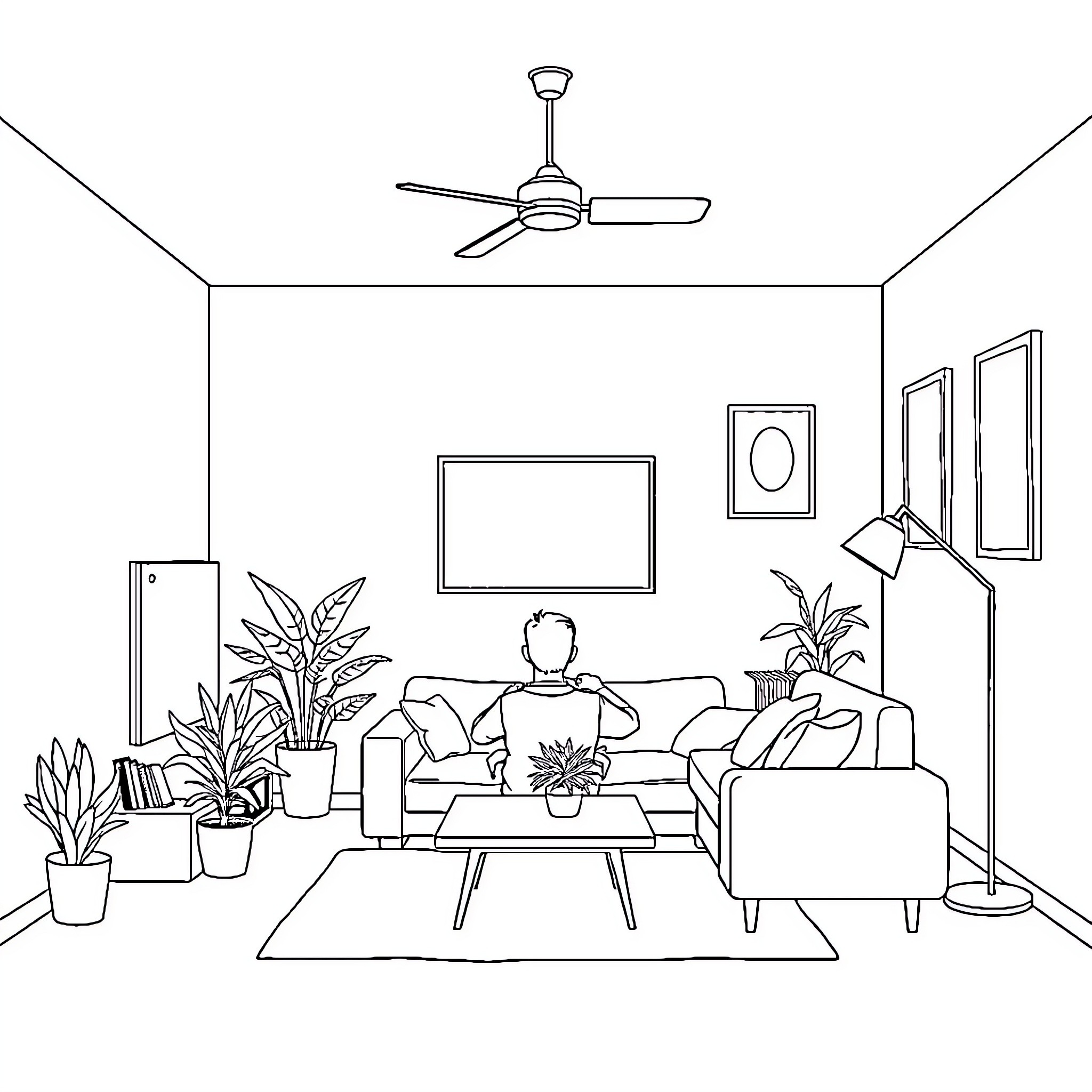Living Room with Furniture and Decor Coloring Page (free black-and-white line drawing printable PDF for all, from beginners to advanced learners, including children, teens, adults, and seniors)