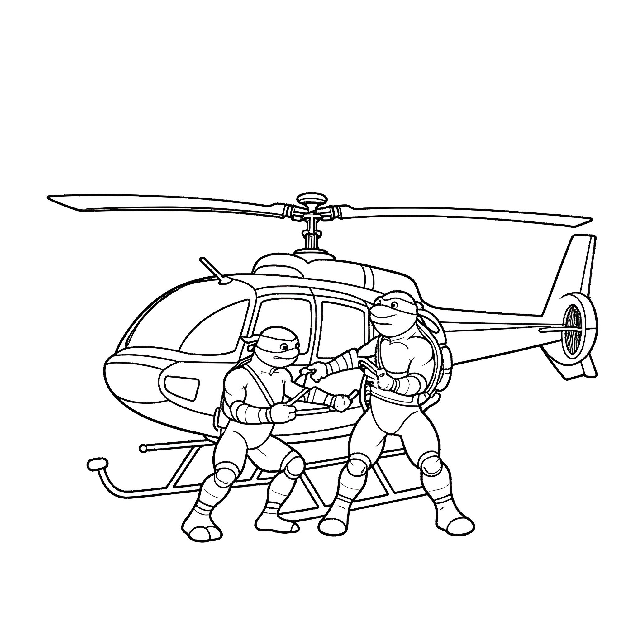 Teenage Mutant Ninja Turtles in action with helicopter Coloring Page (free black-and-white line drawing printable PDF for all, from beginners to advanced learners, including children, teens, adults, and seniors)