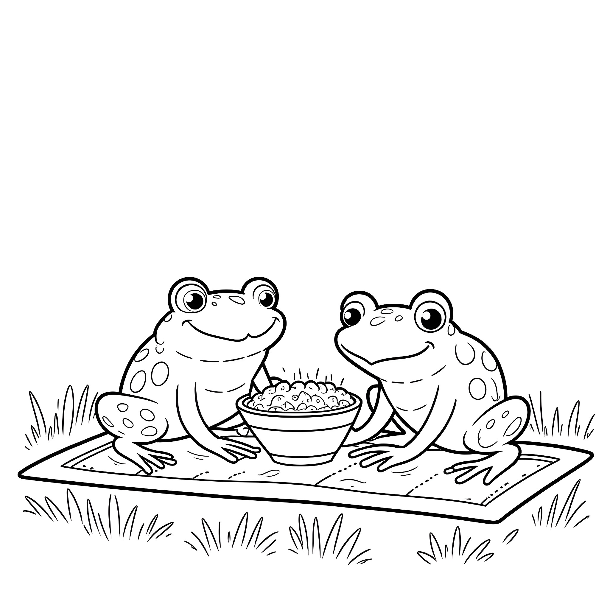 Frogs enjoying a meal together in the grass Coloring Page (free black-and-white line drawing printable PDF for all, from beginners to advanced learners, including children, teens, adults, and seniors)